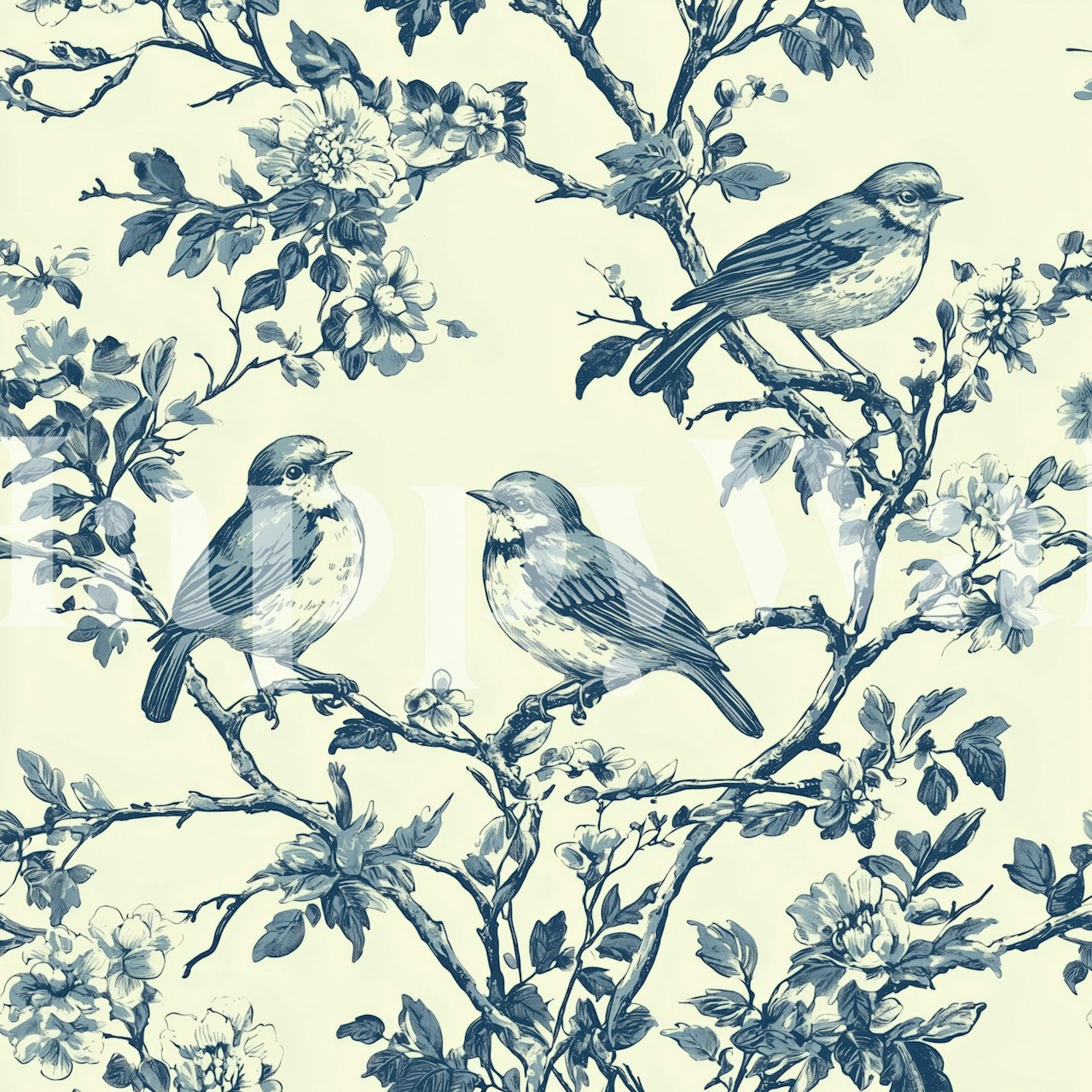 Toile de Jouy Bird Floral Scene tapet i et rom