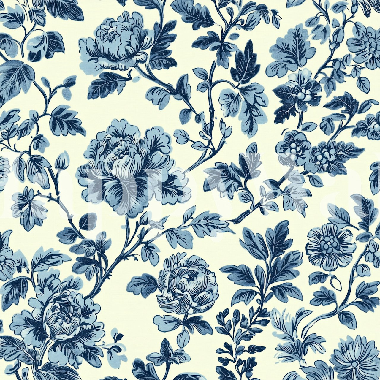 Toile de Jouy Ornate Floral Blue papel de parede no quarto