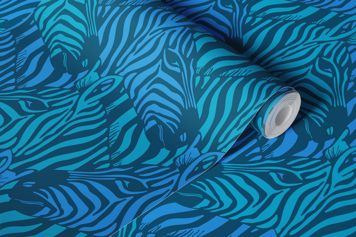 Zebra Herd Wild Animal Safari Aqua Blue Teal wallpaper roll