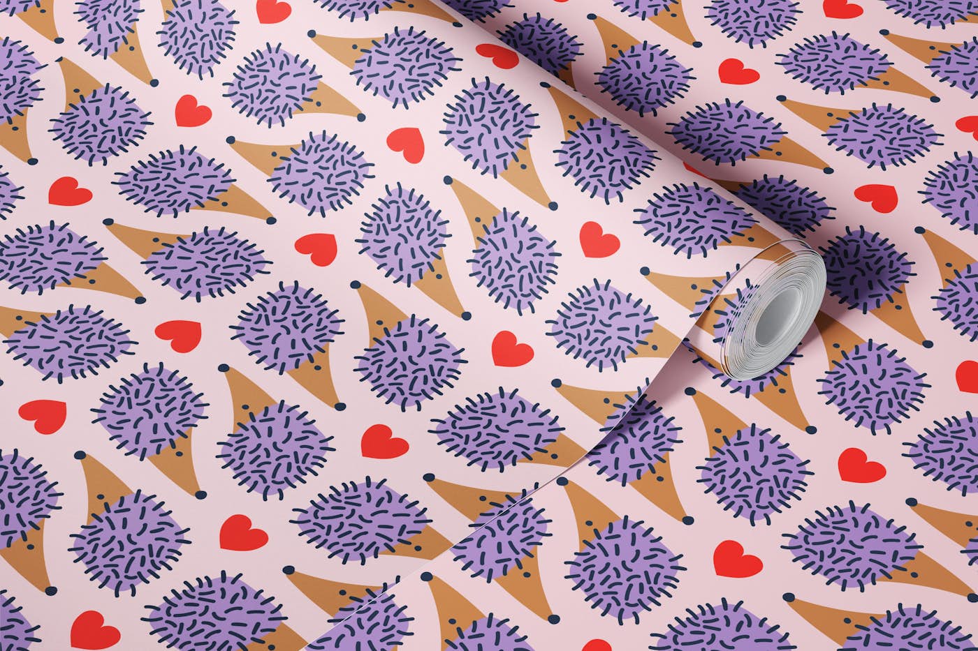 Hedgehogs and hearts - lilac red pink - S wallpaper roll