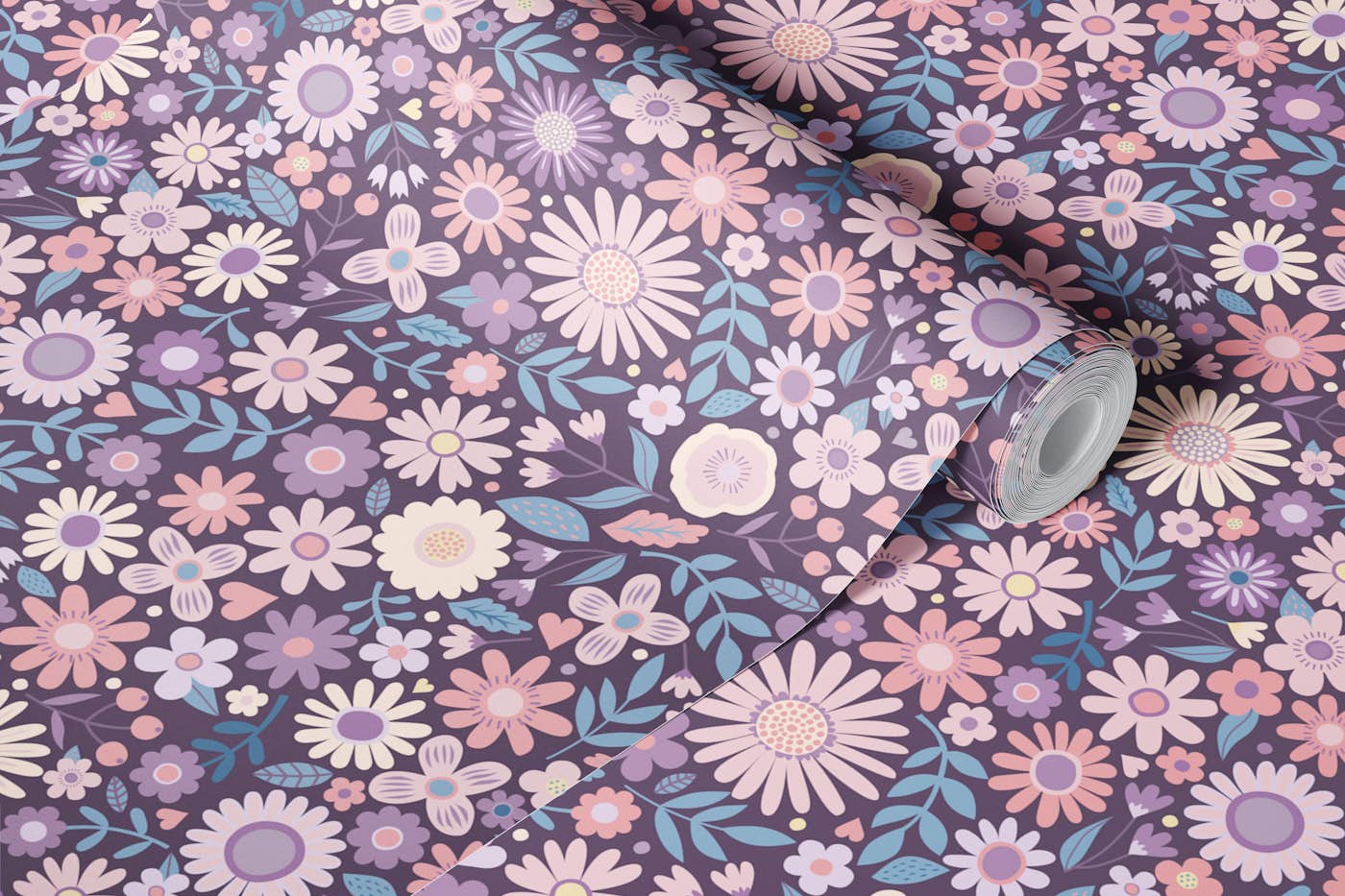 Daisy Ditsy - pink and lilac on plum - S wallpaper roll