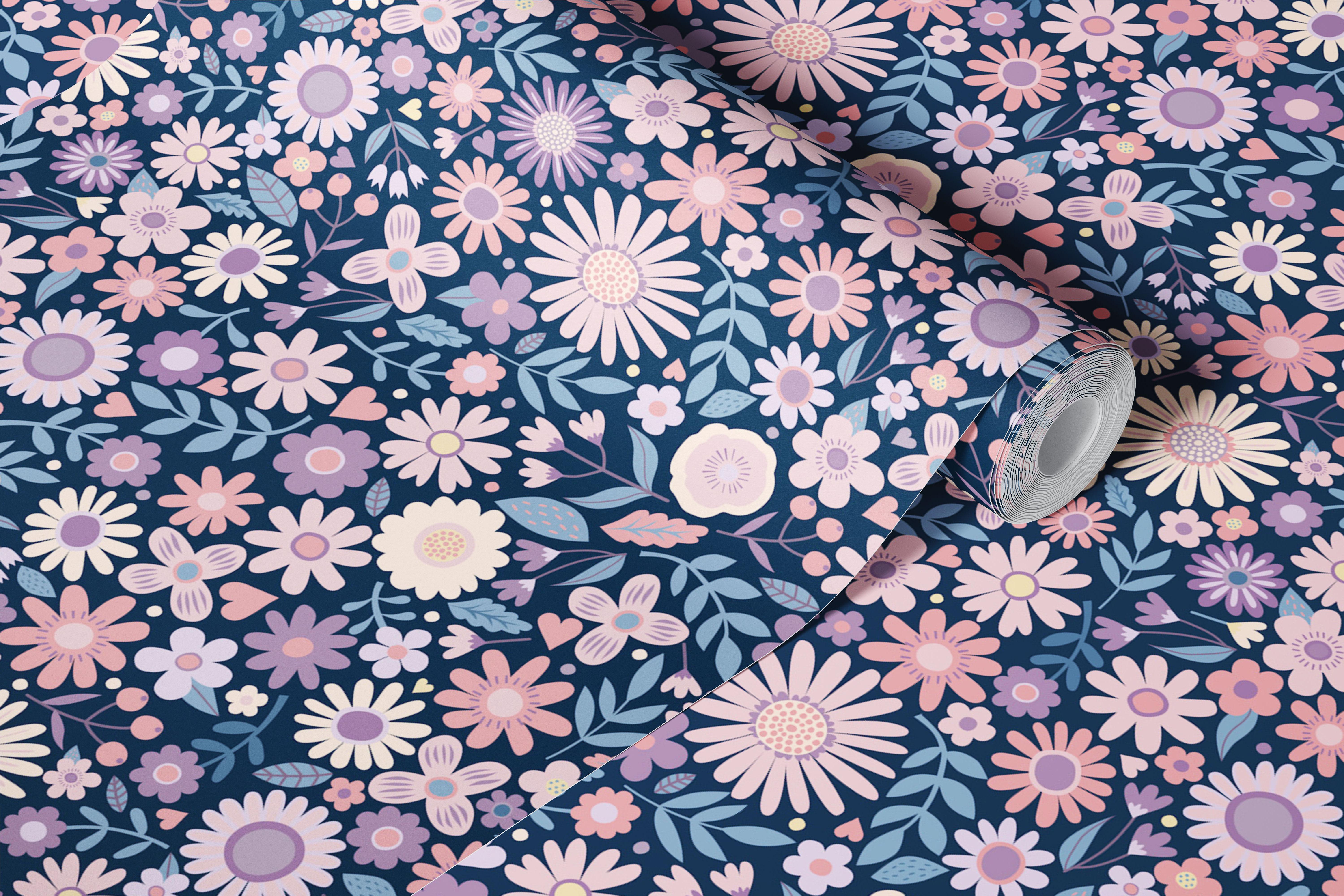 Pink and Lilac Floral Wallpaper on Navy