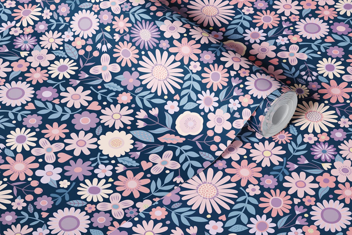 Daisy Ditsy - pink and lilac on Navy - S wallpaper roll