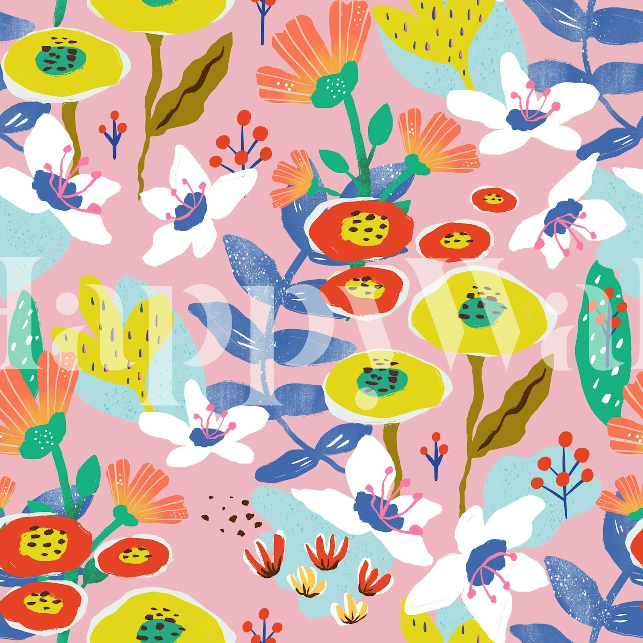 Colorful floral patterns with pink, blue, green, and yellow on a pink backdrop wallpaper