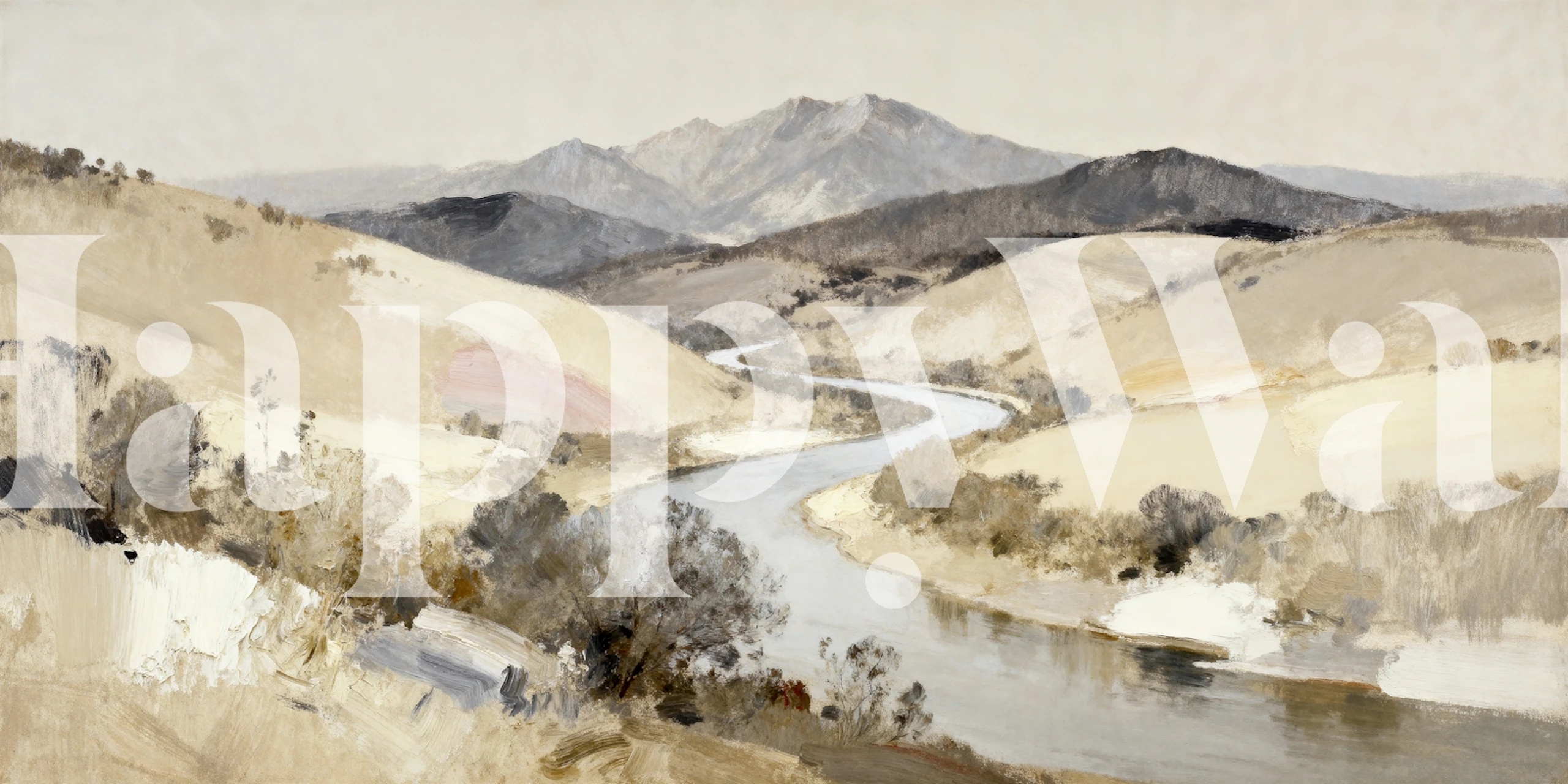 Rustic valley scene wallpaper in a room