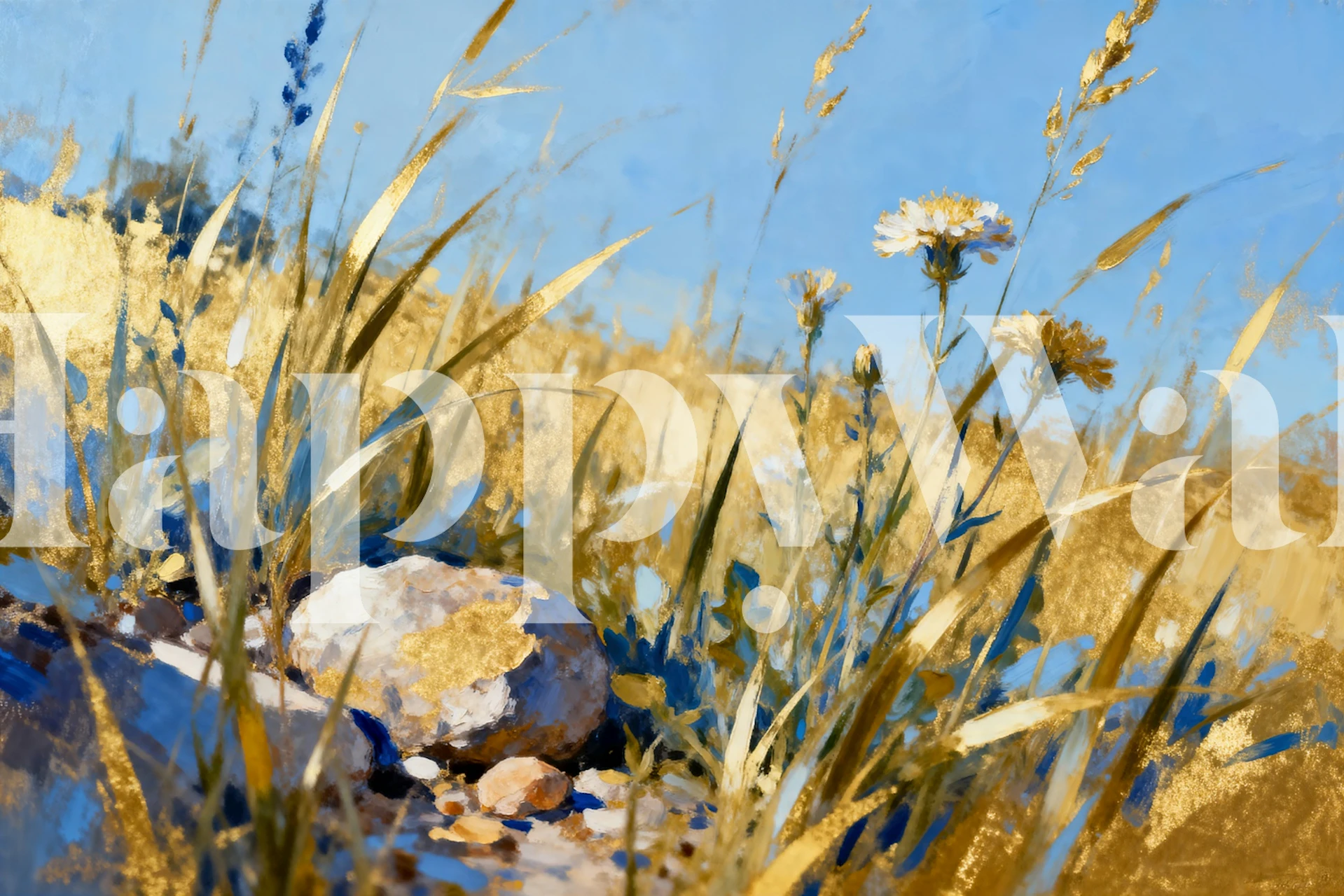 Wildflowers and rocks in golden fields under blue sky wallpaper