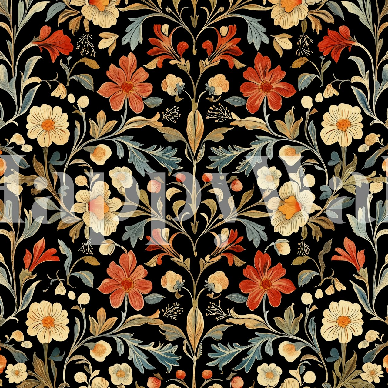 Floral Fantasy -tapettisuunnittelu huoneessa