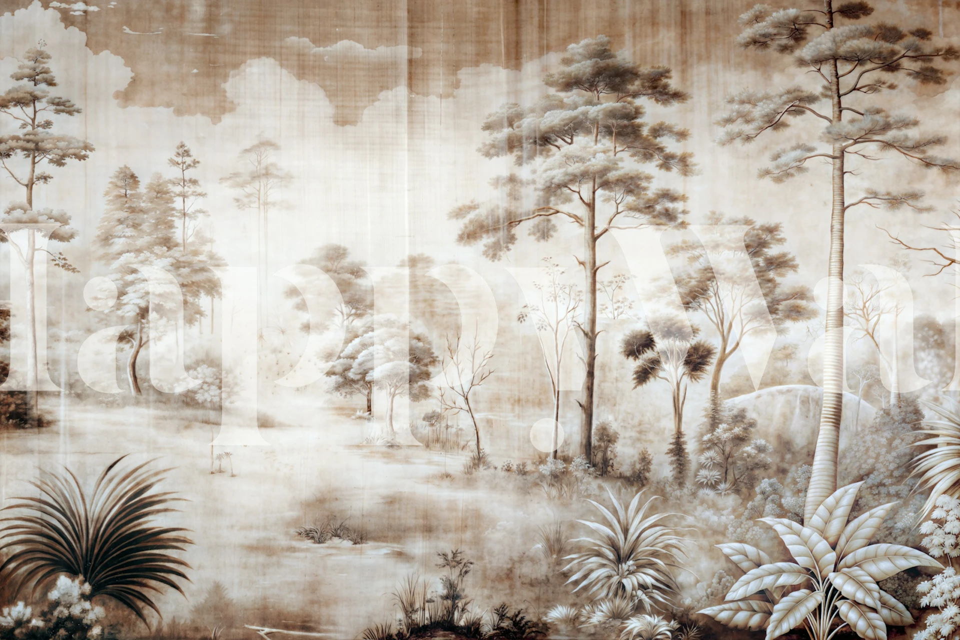 Calm woodland scene wallpaper in a room