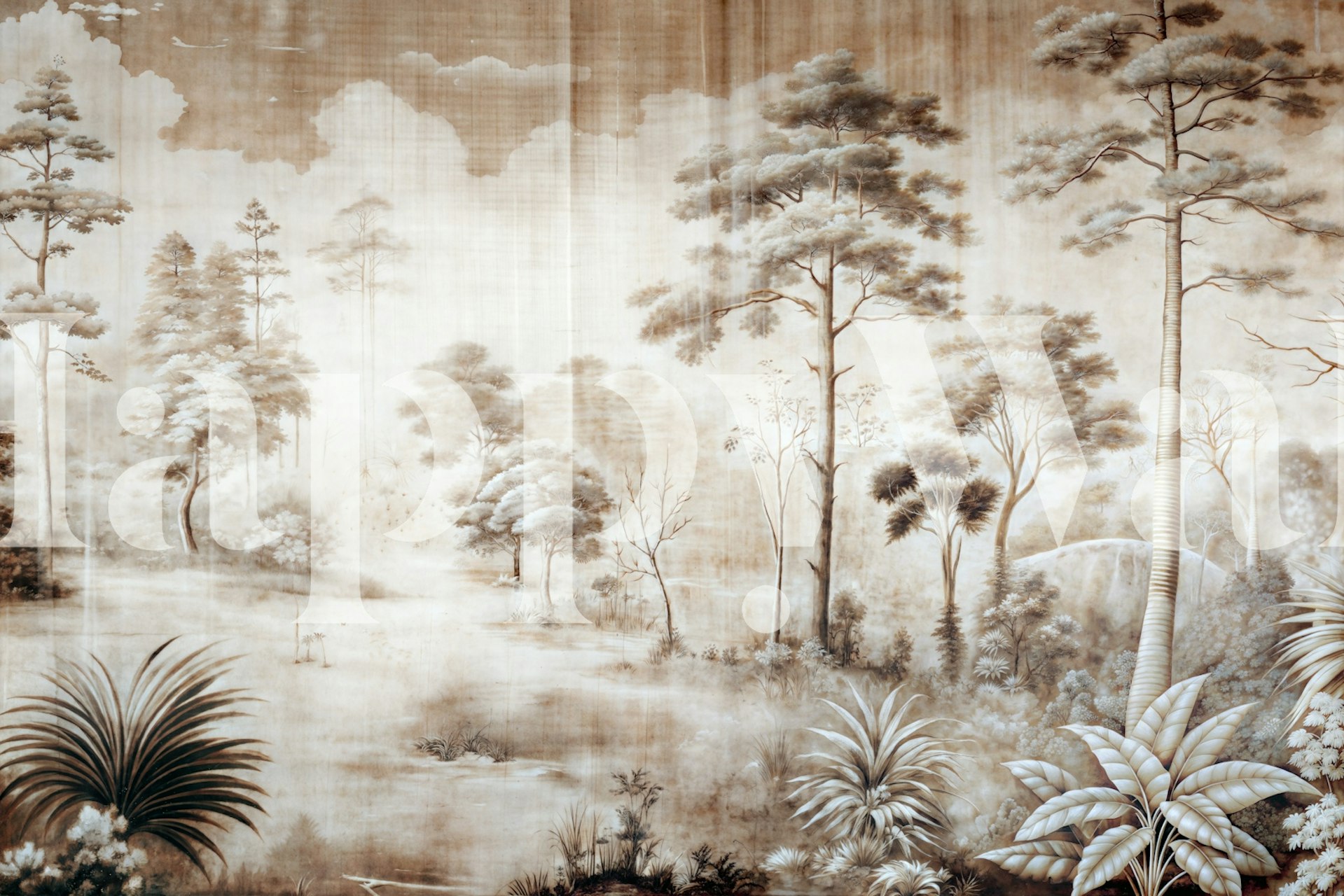Calm woodland scene wallpaper in a room