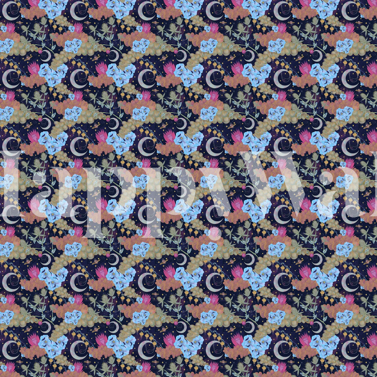 Colorful floral patterns with moons and stars on dark background wallpaper