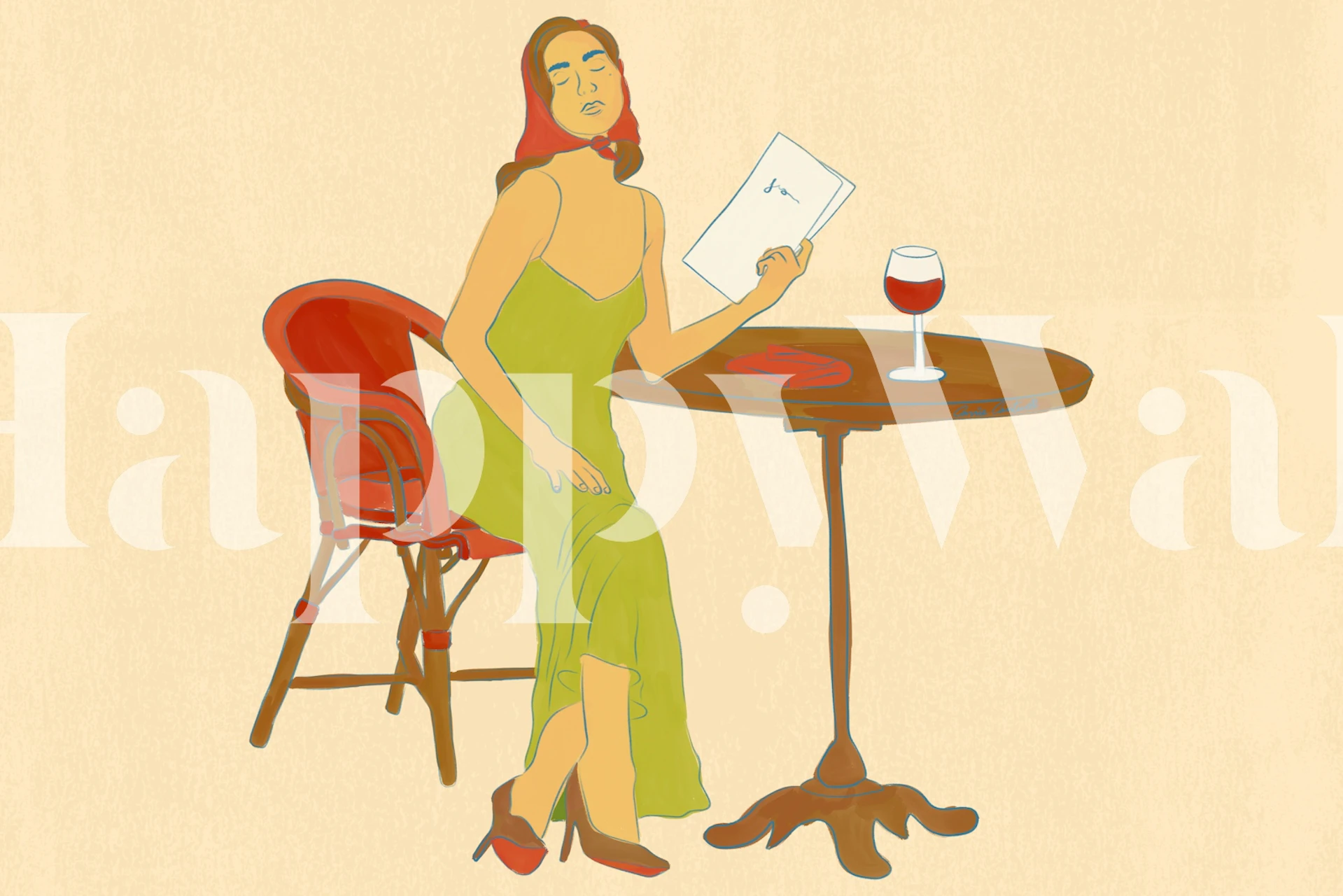 Woman in green dress sitting at cafe table with wine glass and menu, colorful wallpaper