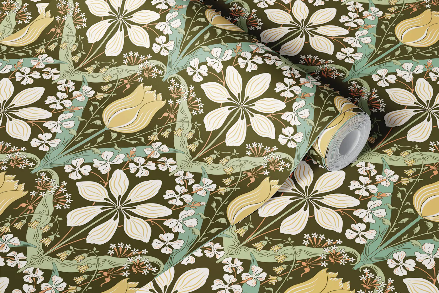 Belle Epoque Deep Olive Garden Tulipa wallpaper roll