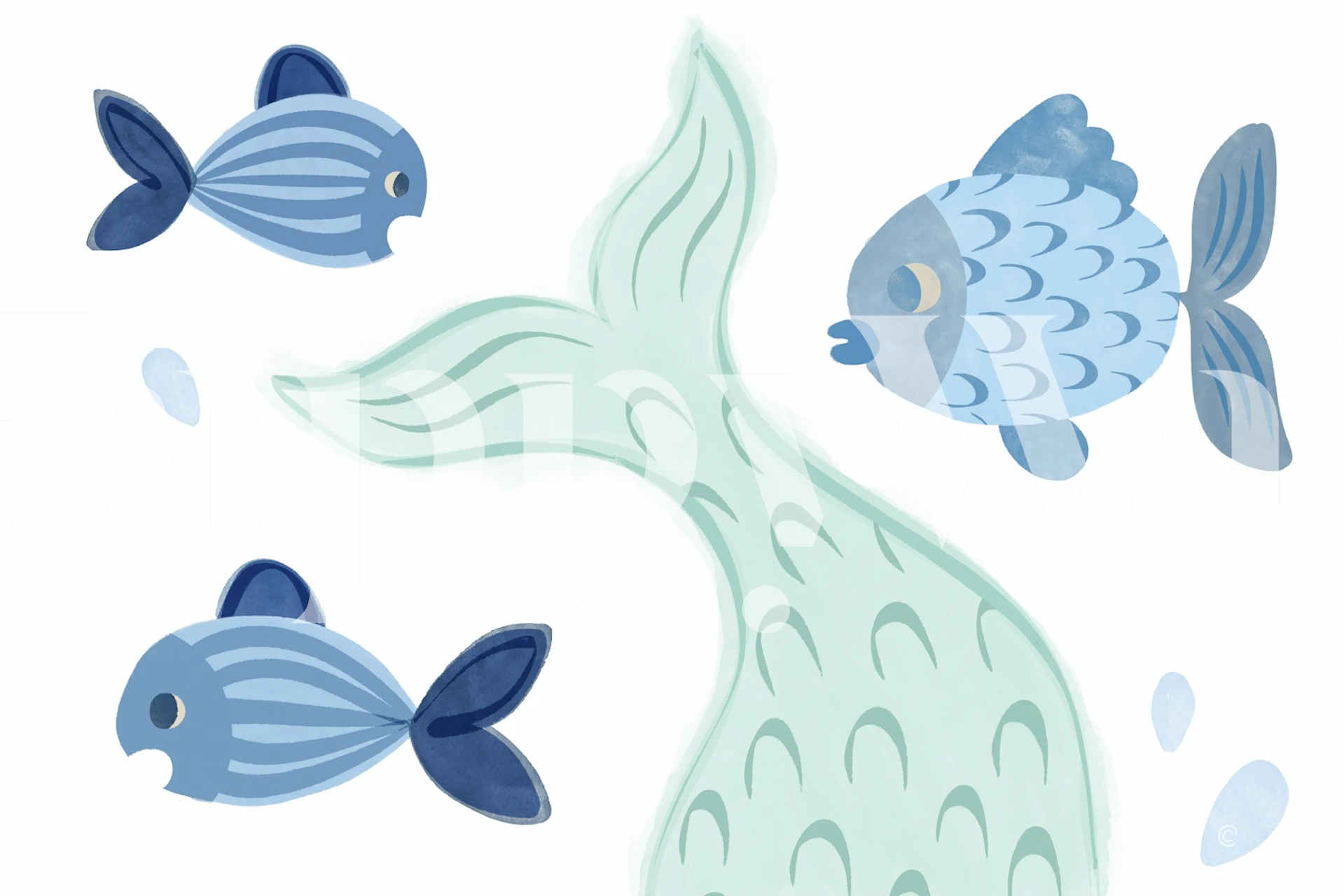 Three blue fish swimming in a soft blue background wallpaper