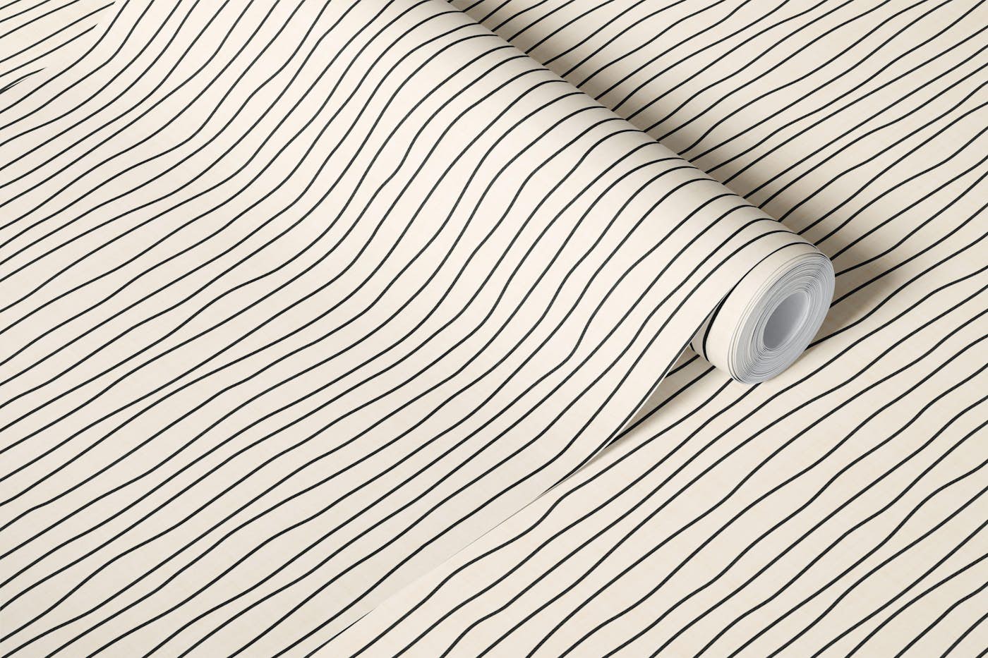 Wavy vertical lines on linen texture cream wallpaper roll