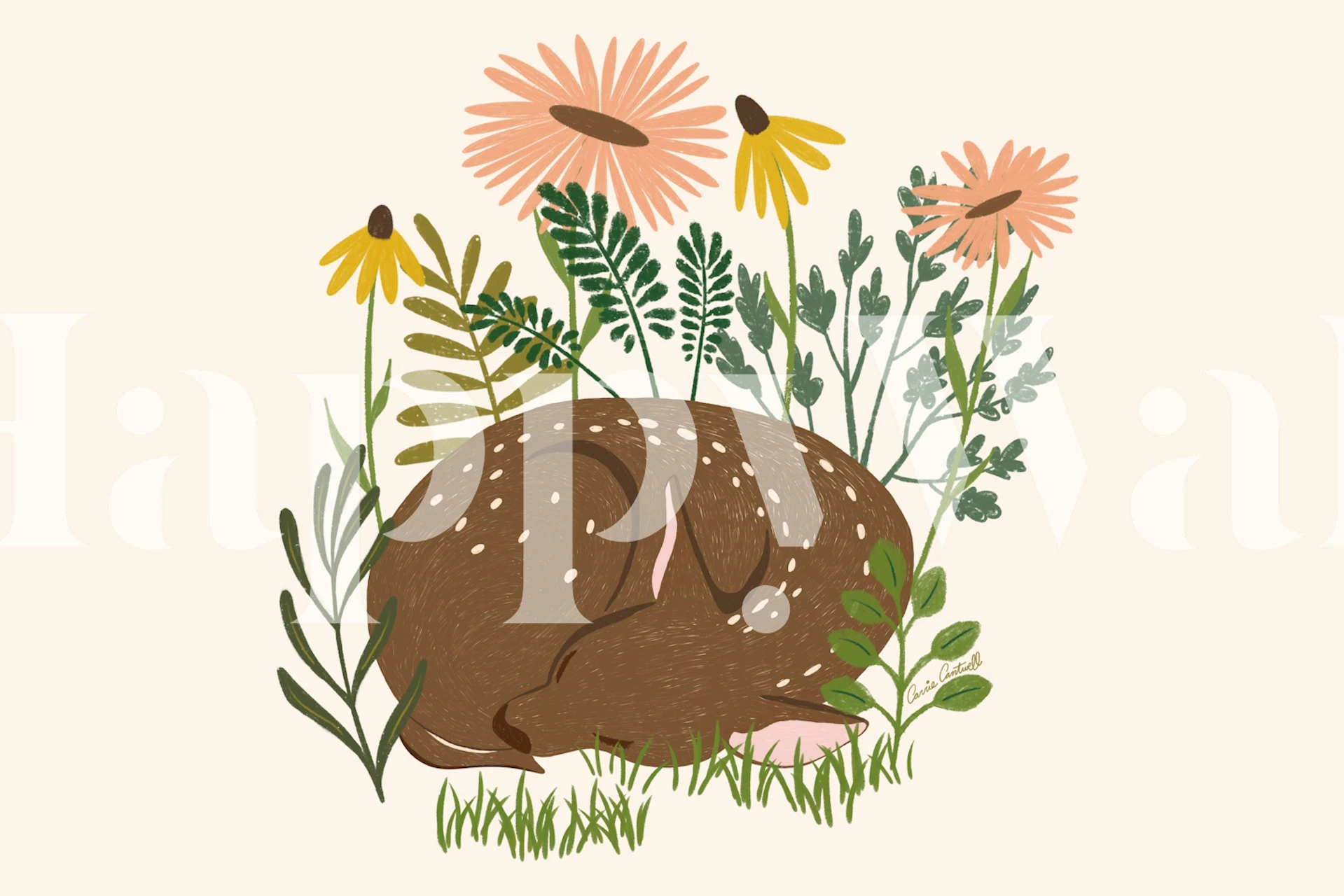 Sleeping deer surrounded by colorful flowers and greenery wallpaper
