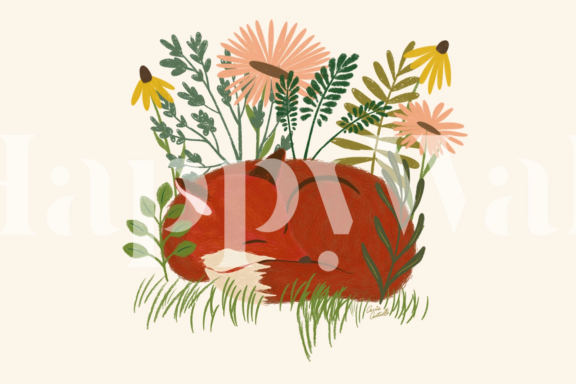 Serene fox sleeping among flowers wallpaper