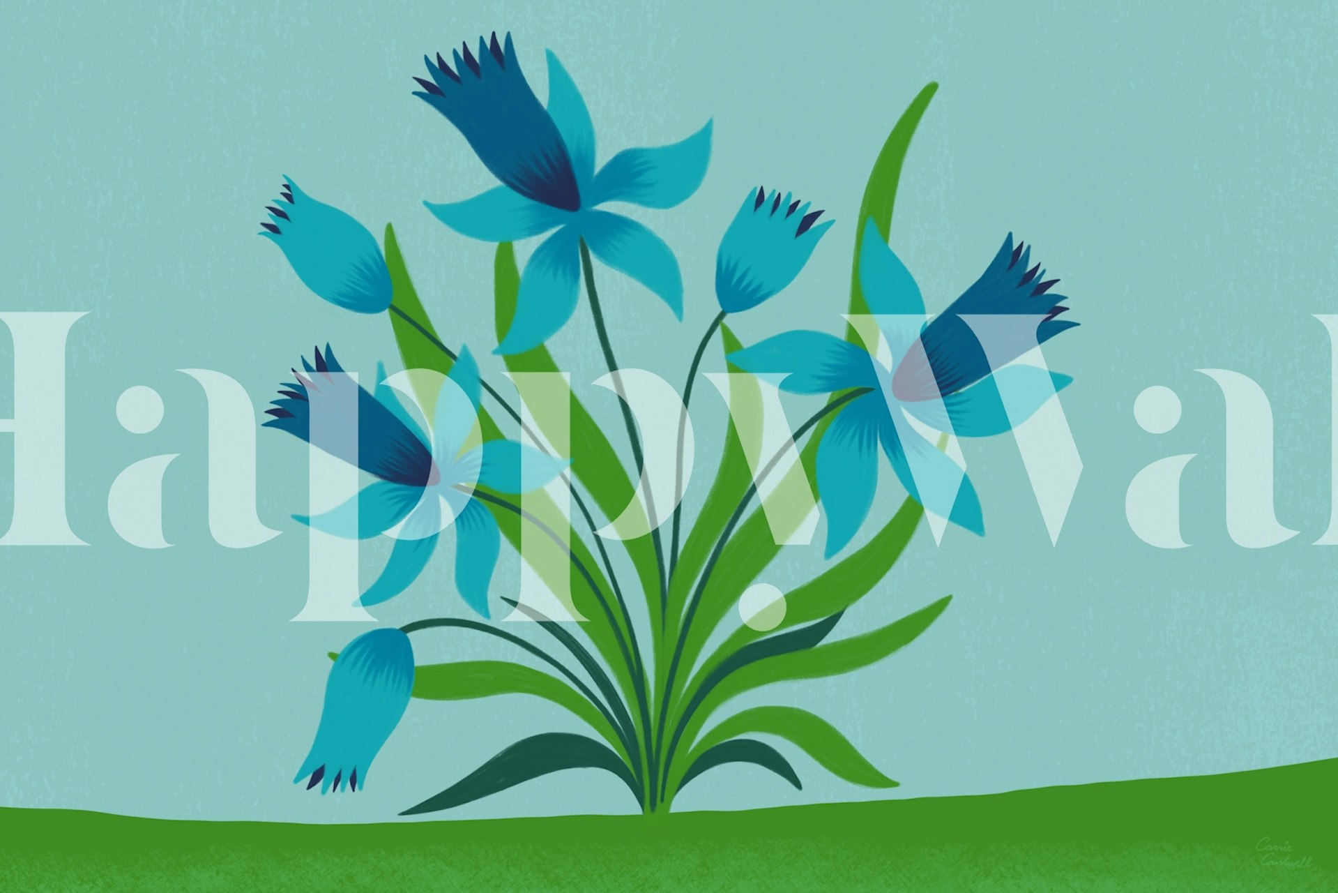 Blue blooming flowers wallpaper in a room