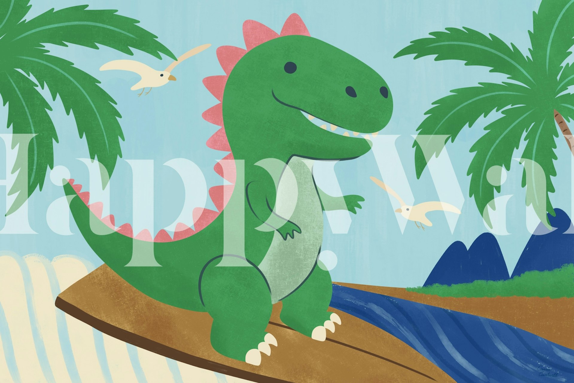 Green dino surfing on a board with palm trees and birds wallpaper