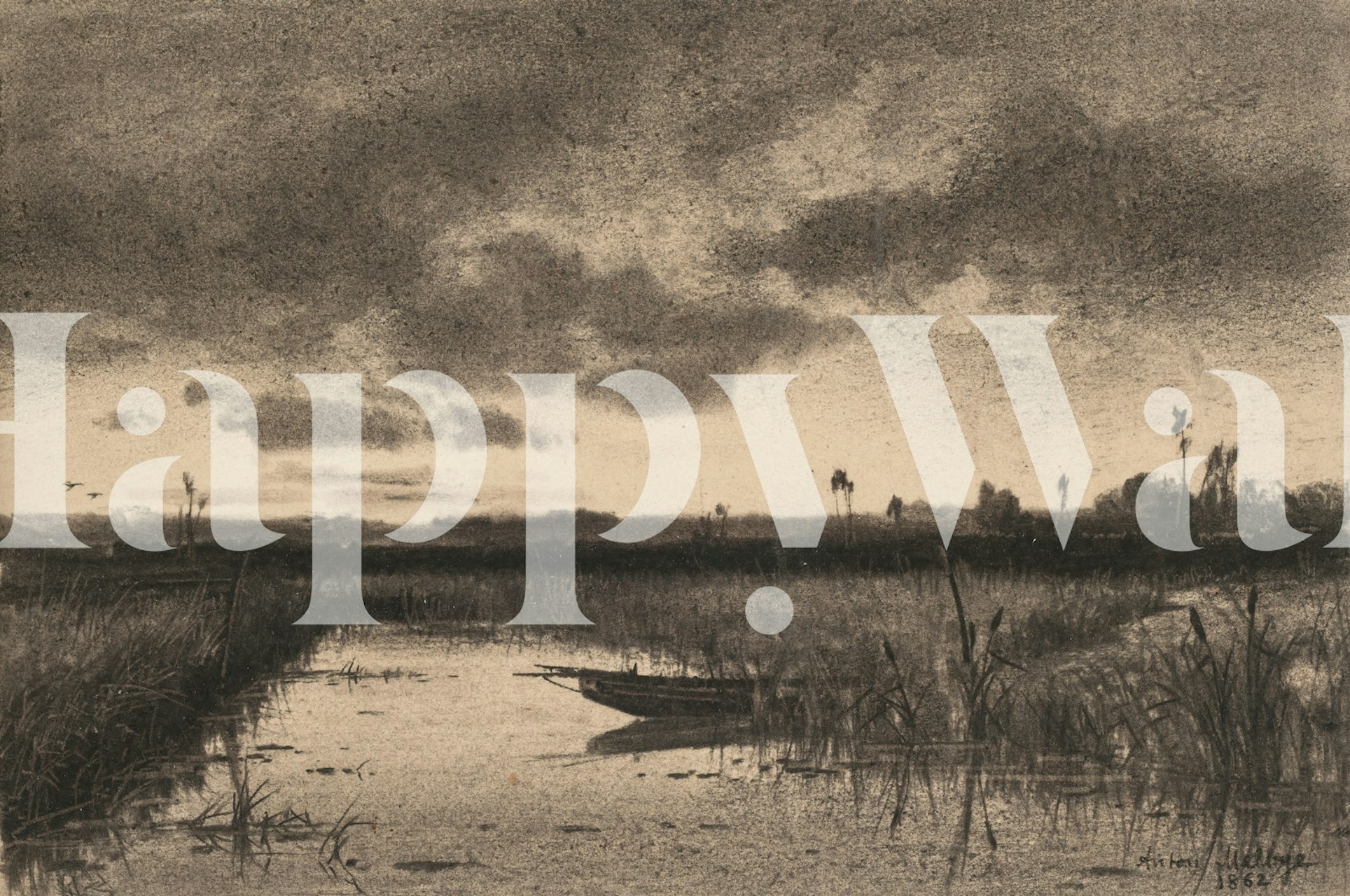 Moody marsh landscape wallpaper in a room