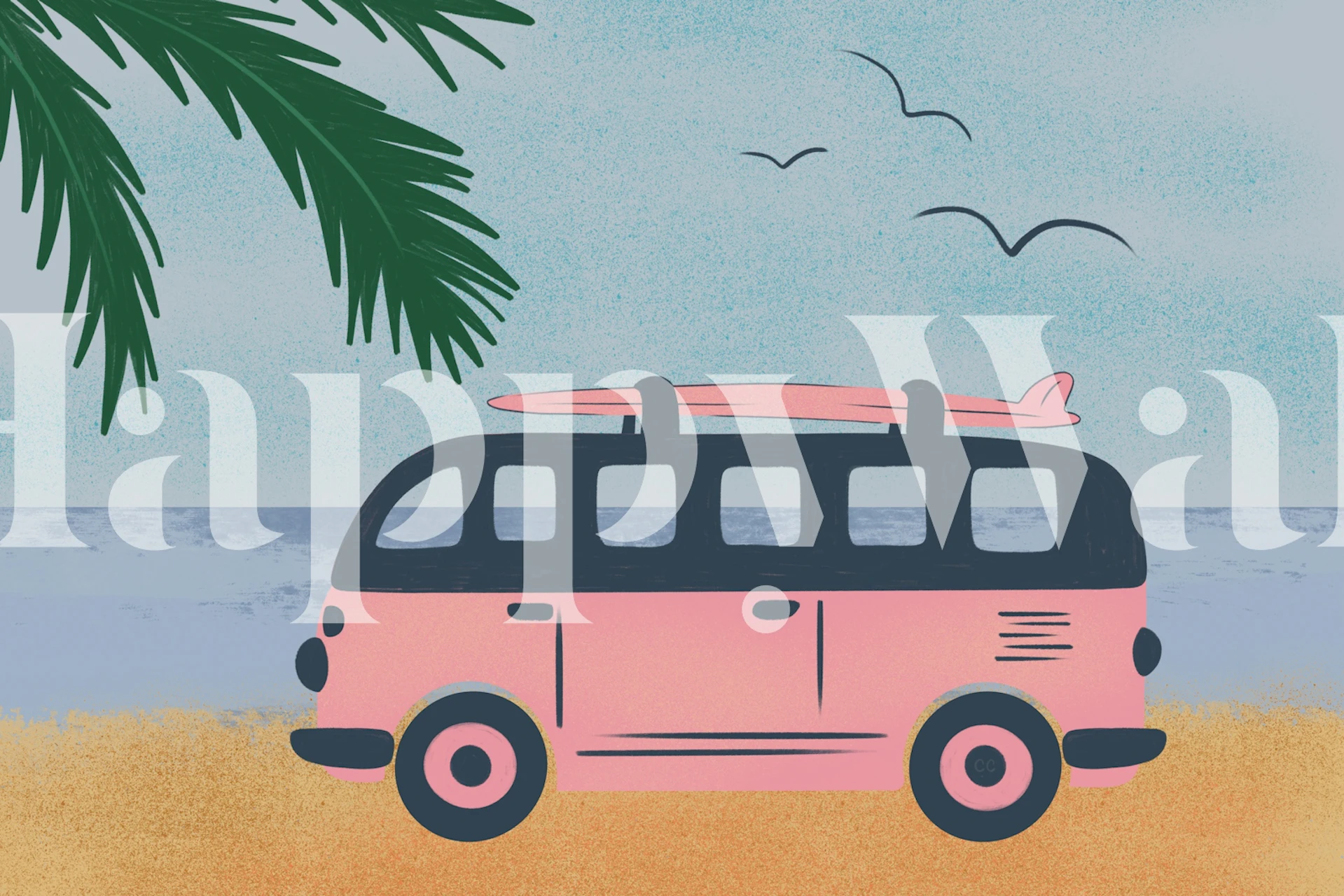 Pink surf bus with a surfboard on top, beach background wallpaper