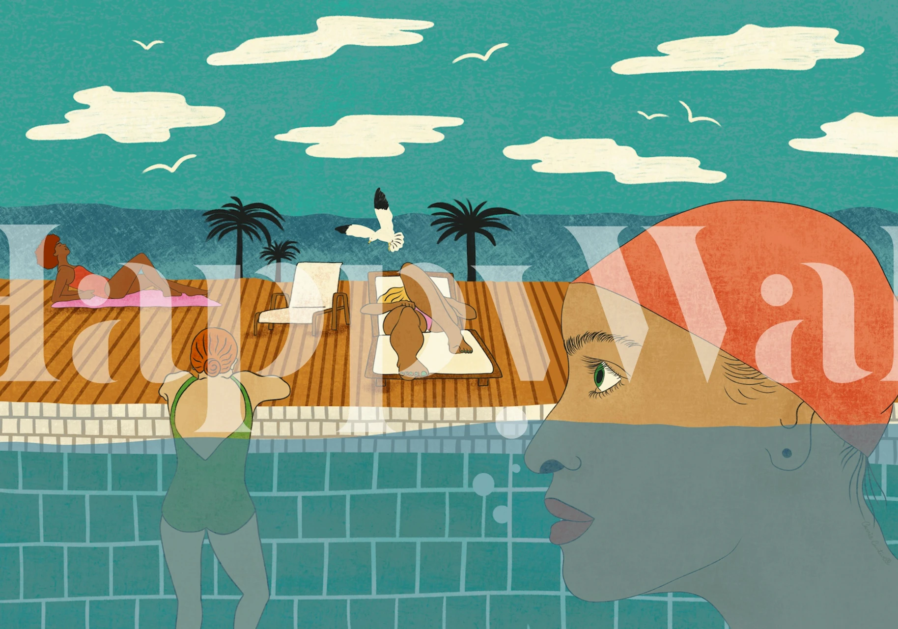 Teal poolside scene with swimmers, palm trees, and a serene atmosphere wallpaper