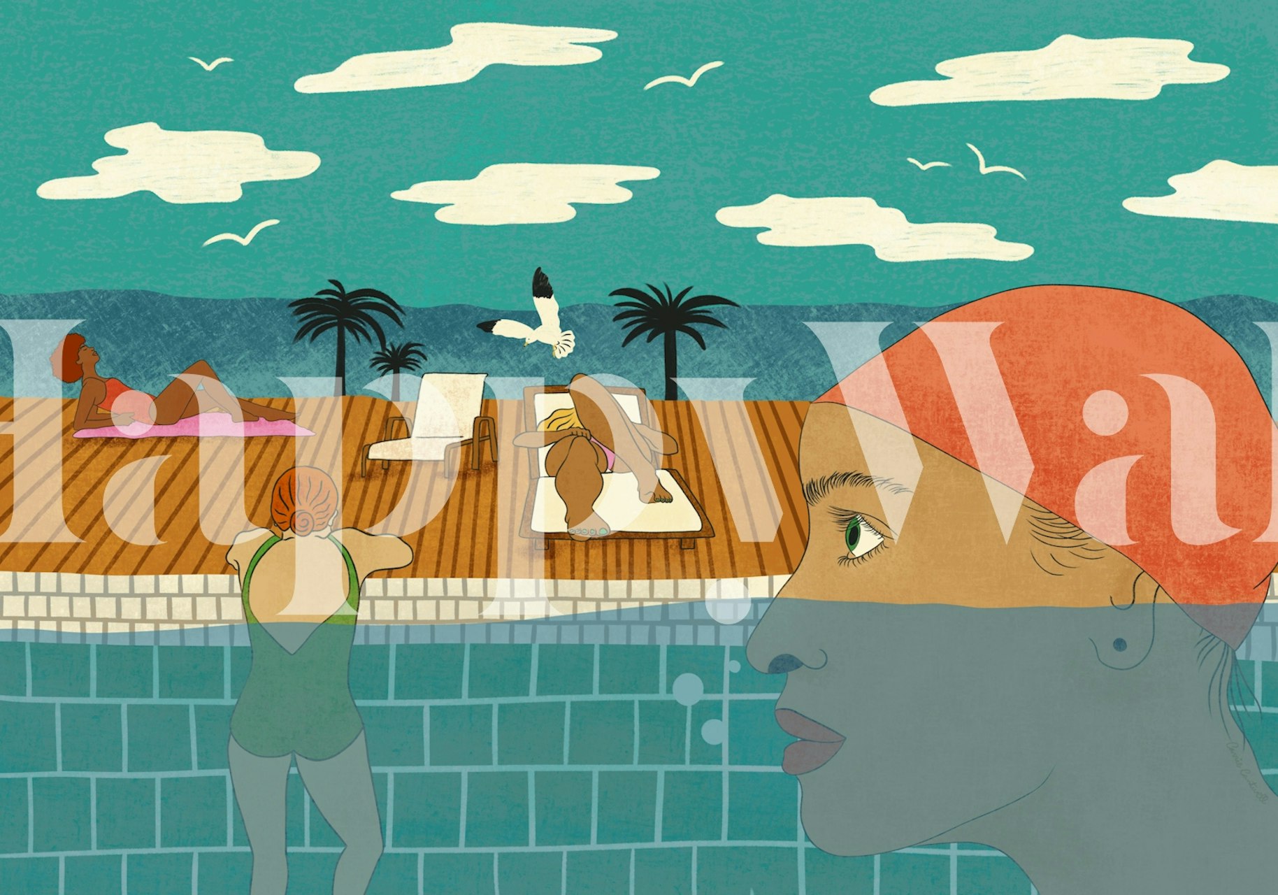 Teal poolside scene with swimmers, palm trees, and a serene atmosphere wallpaper