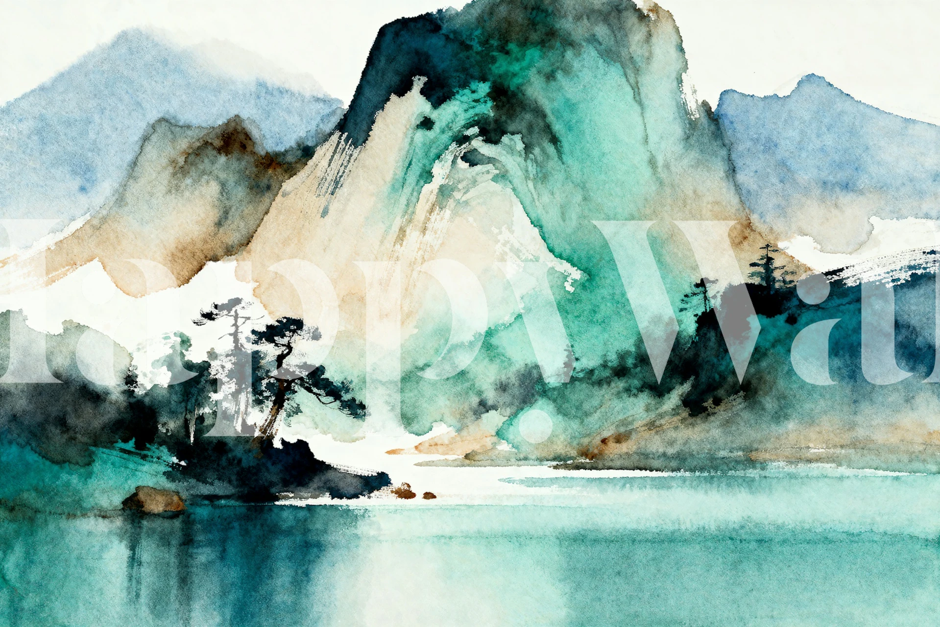 Mountain landscape with teal water and soft greens wallpaper