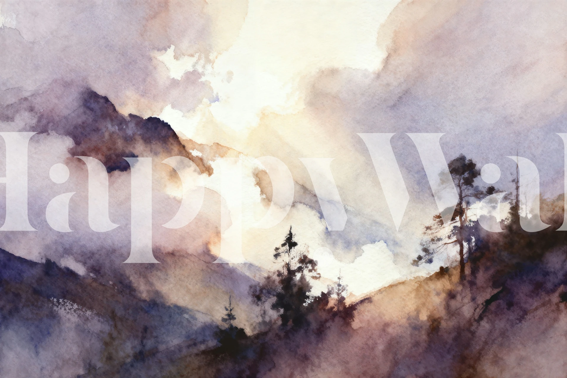 Watercolor mountains with a sunrise over clouds in purple tones wallpaper