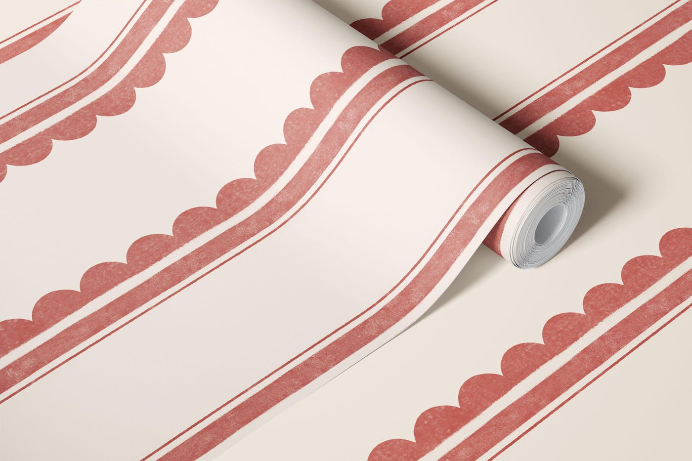 Red Scalloped Stripes on a Cream Background wallpaper roll
