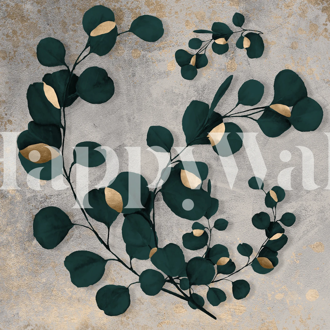 Green botanical leaves with gold accents on a textured background wallpaper