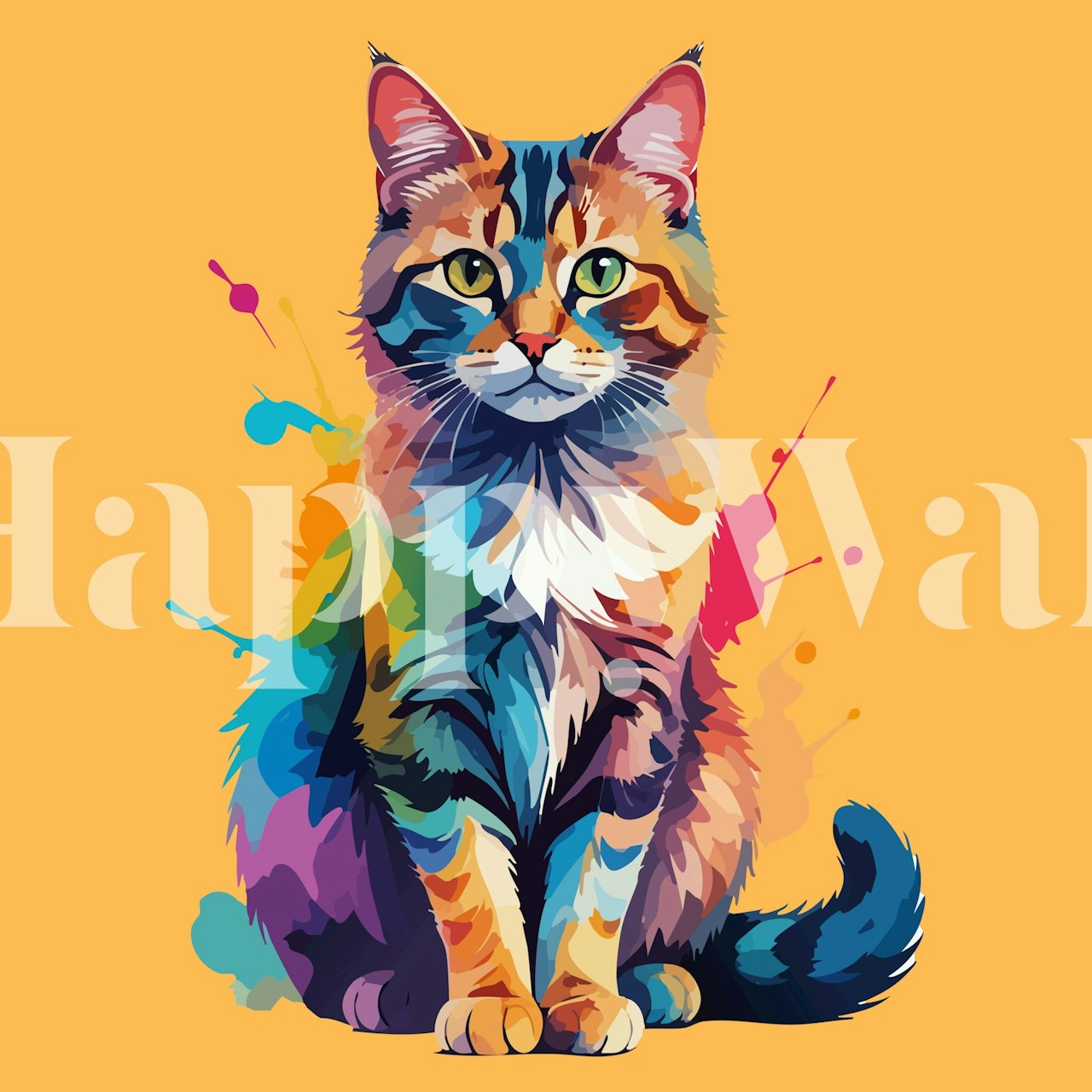 Colorful Cat Portrait Tapete in einem stilvollen Raum