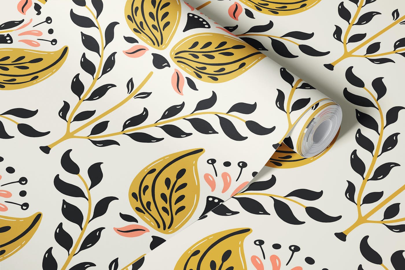 Bella - Whimsical Floral - Mustard Black wallpaper roll