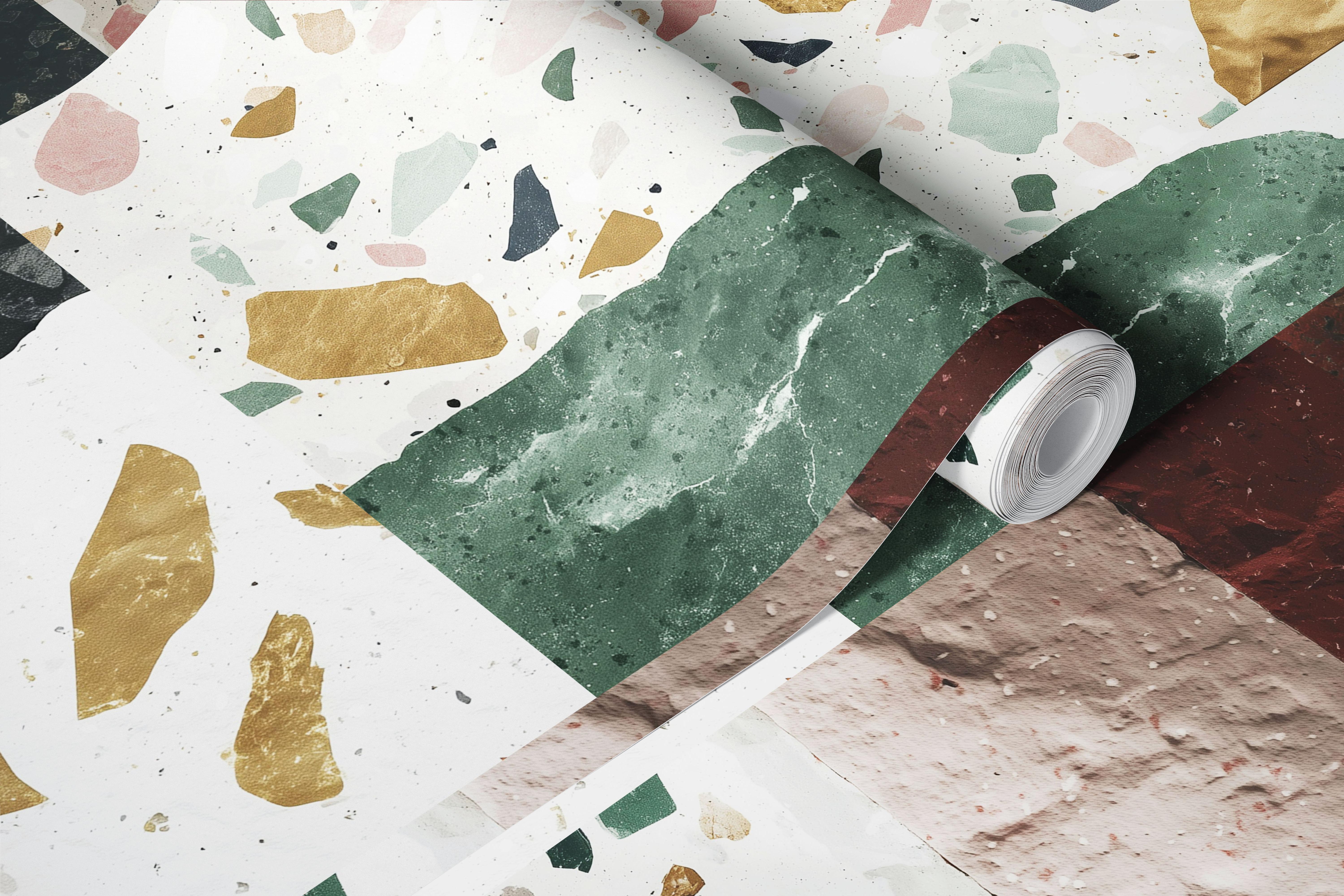 Terrazzo pattern in earthy colors including green, black, and pink wallpaper