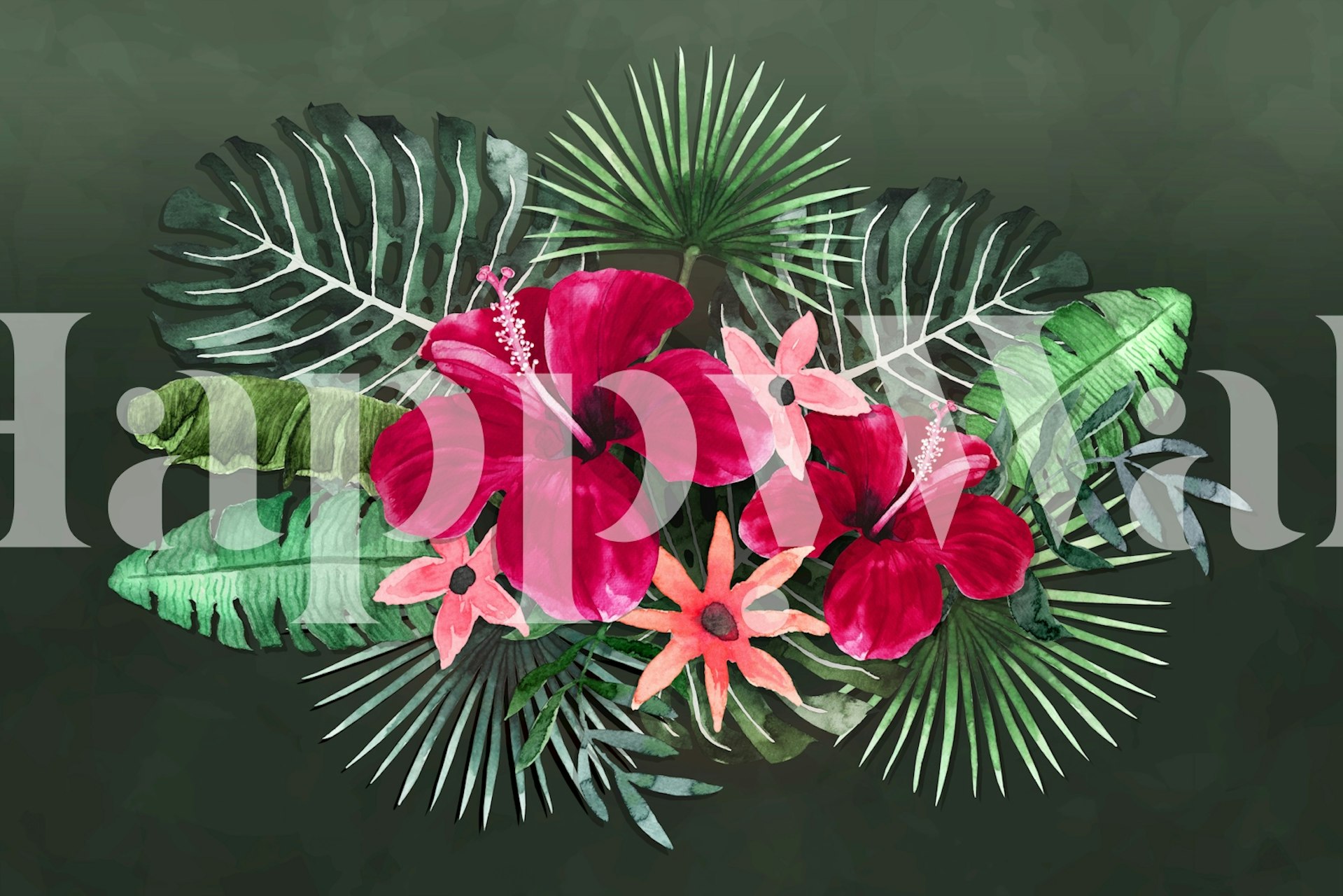 Tropical Hibiscus Bouquet green tapete