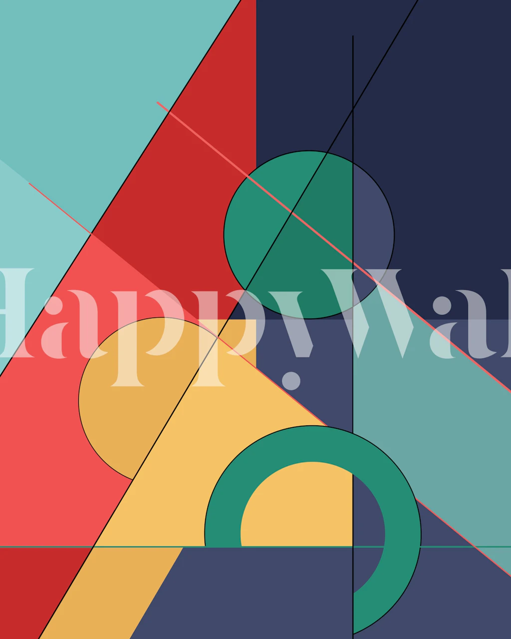 Colorful geometric shapes in red, teal, yellow, and navy wallpaper