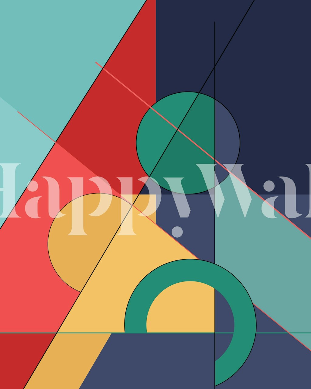Colorful geometric shapes in red, teal, yellow, and navy wallpaper