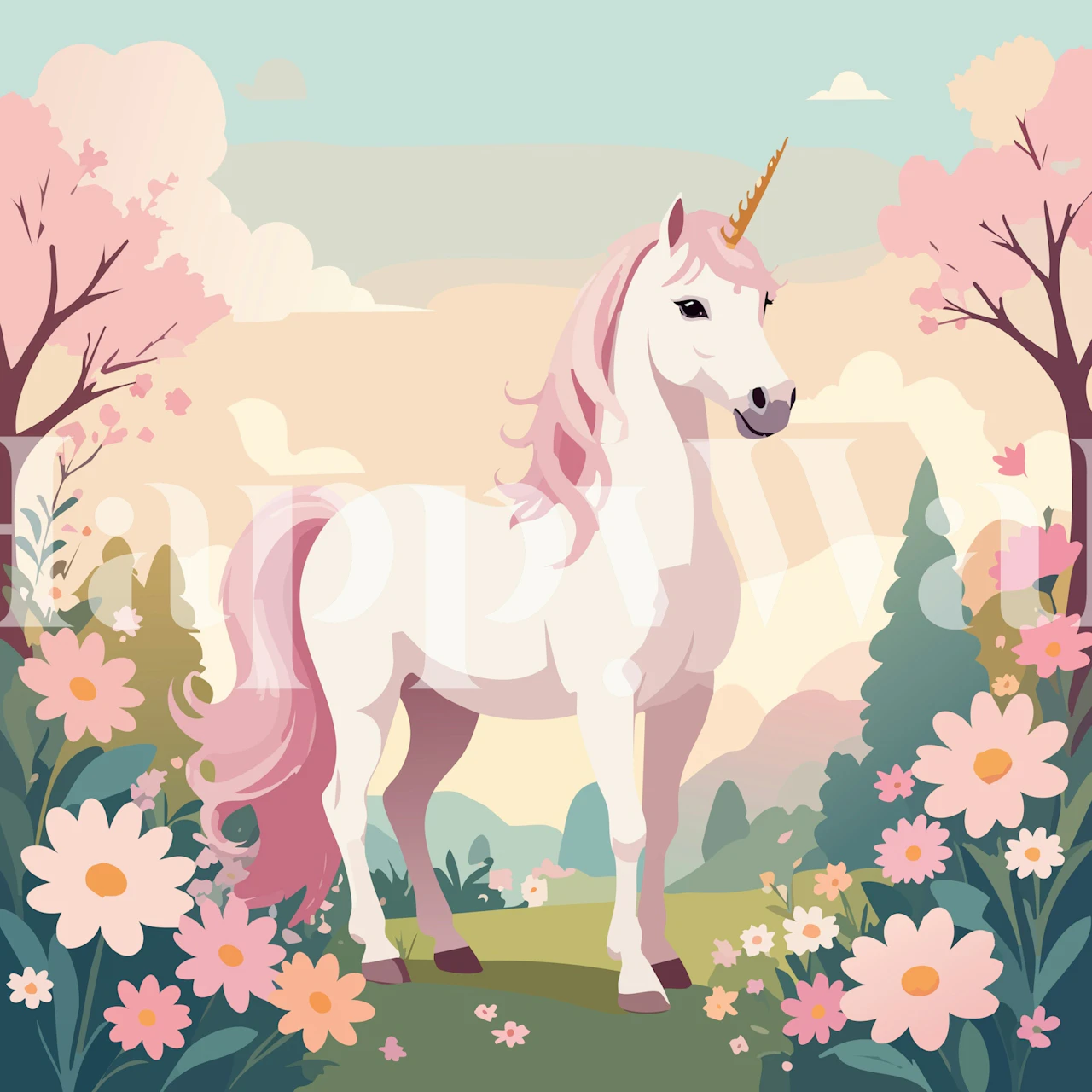 Dreamy unicorn landscape wallpaper in a room