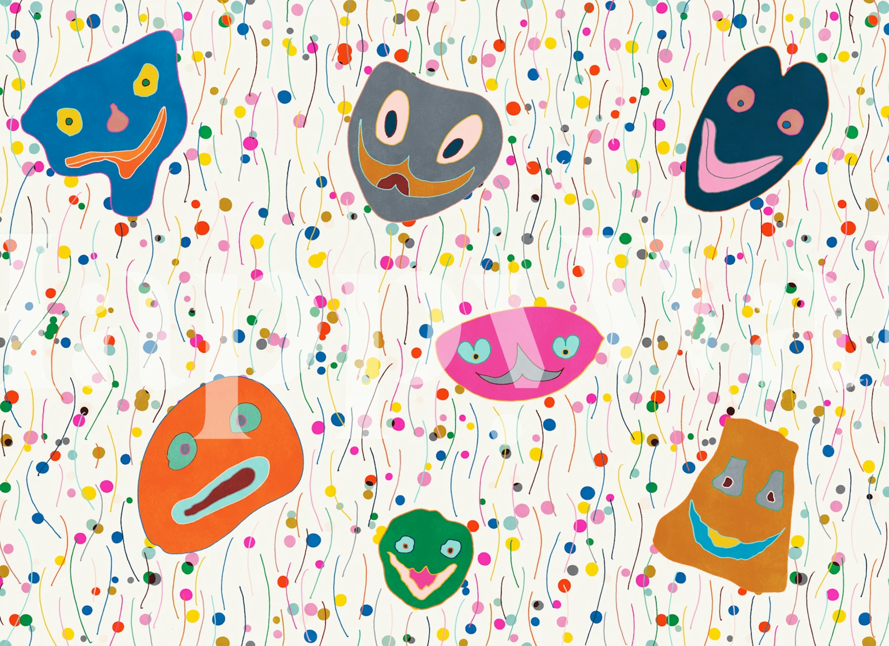 Colorful doodle faces with vibrant expressions on white background wallpaper