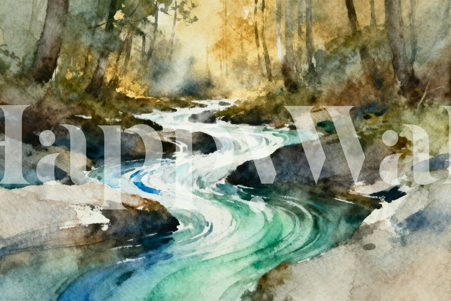 Serene forest stream wallpaper in a room