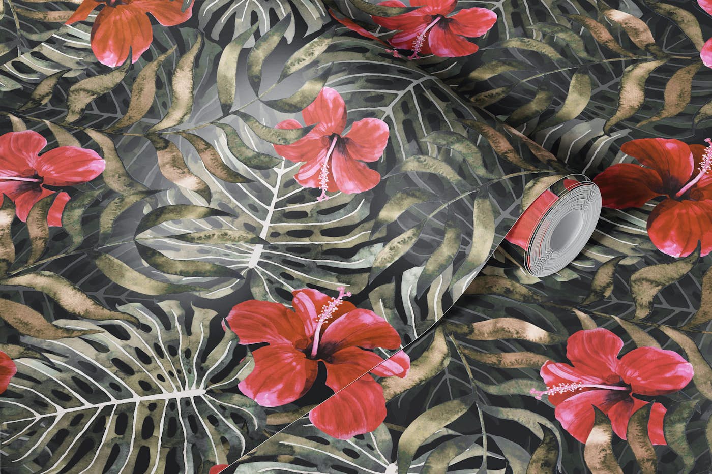 Summer Floral Jungle red wallpaper roll