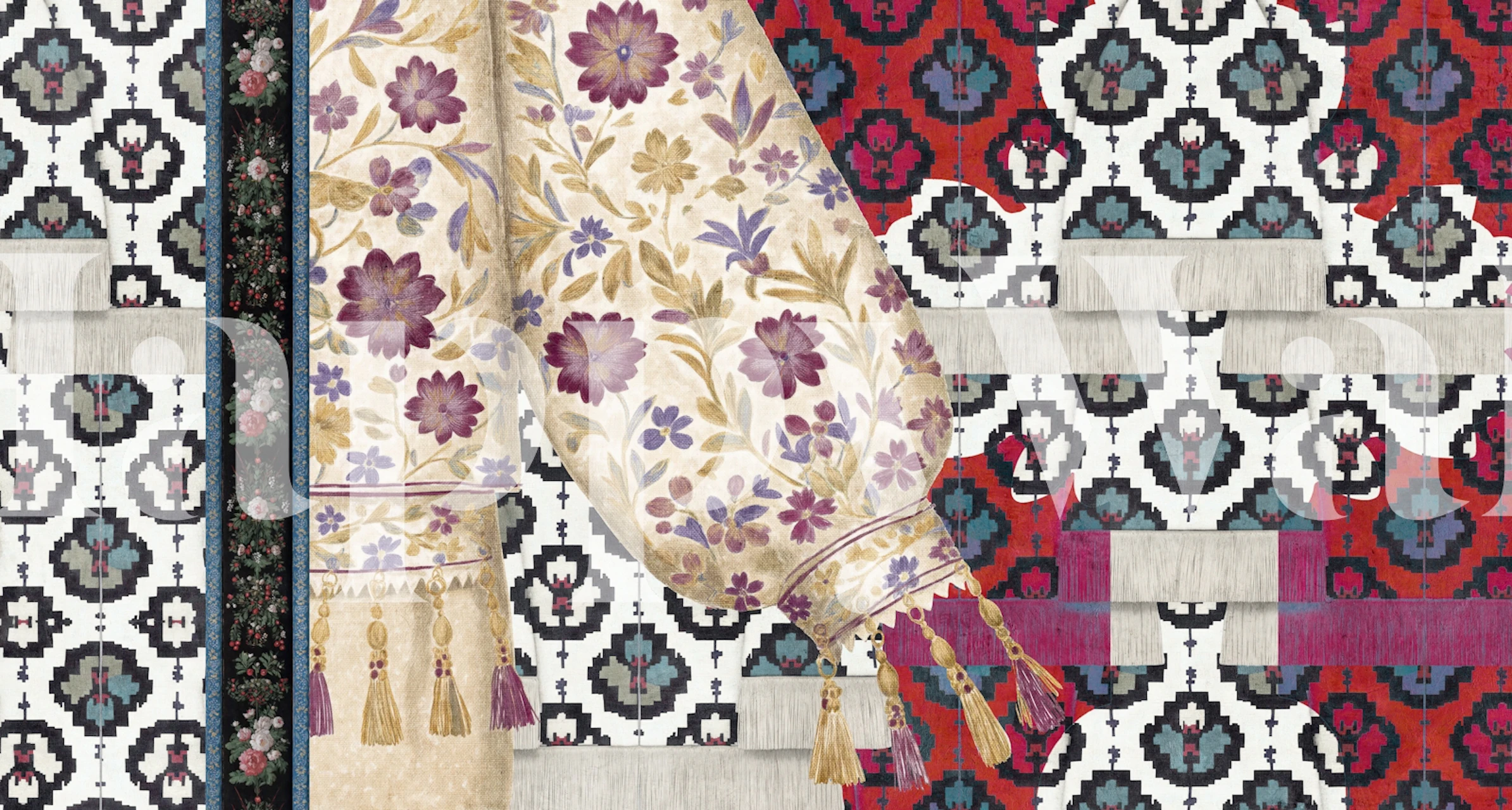 Floral patterned wallpaper in red, white, and beige with textured elements