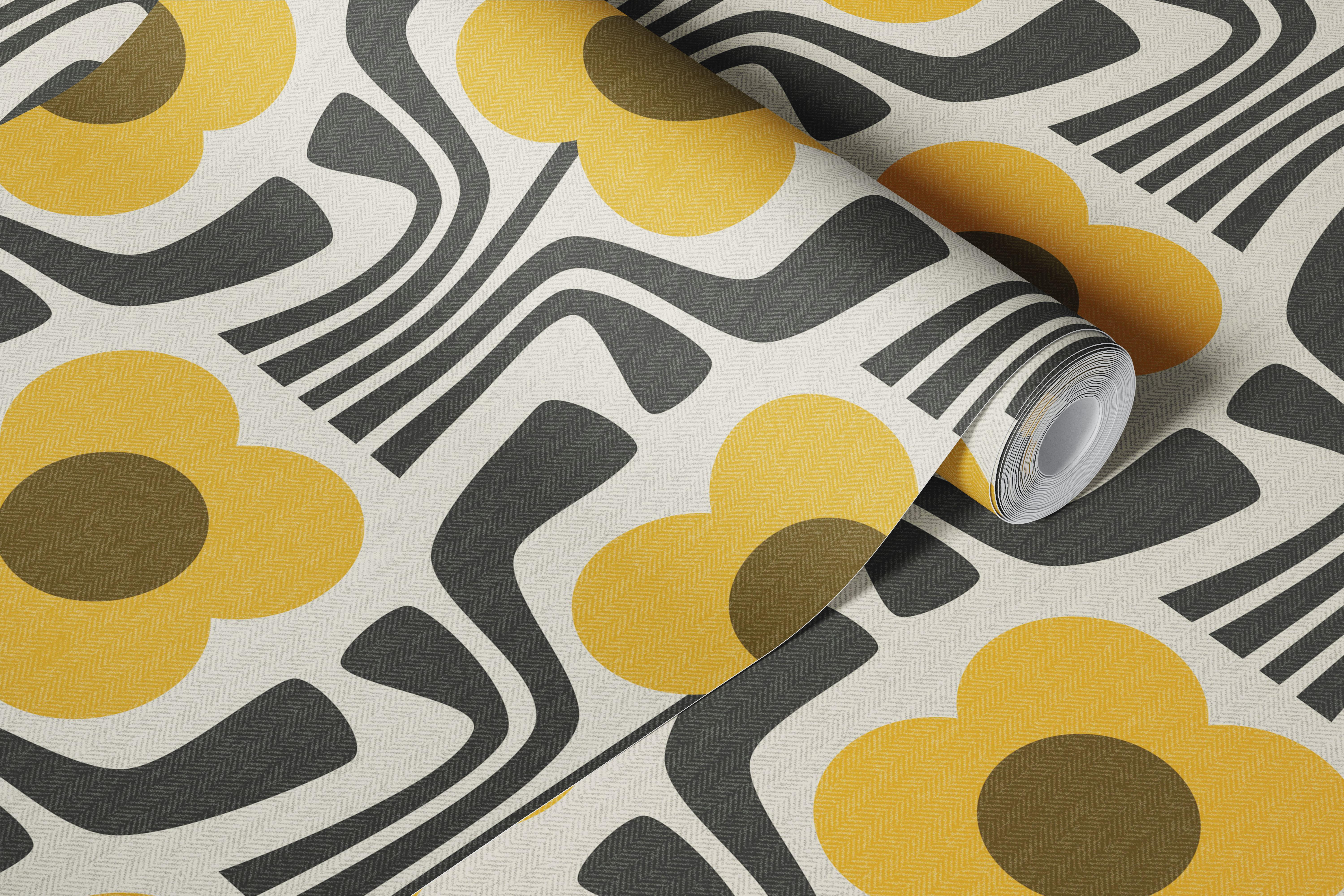 Retro geometric flowers in mustard and brown wallpaper