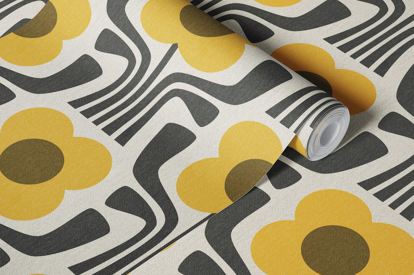 retro geometric flowers v2 - mustard - brown wallpaper roll