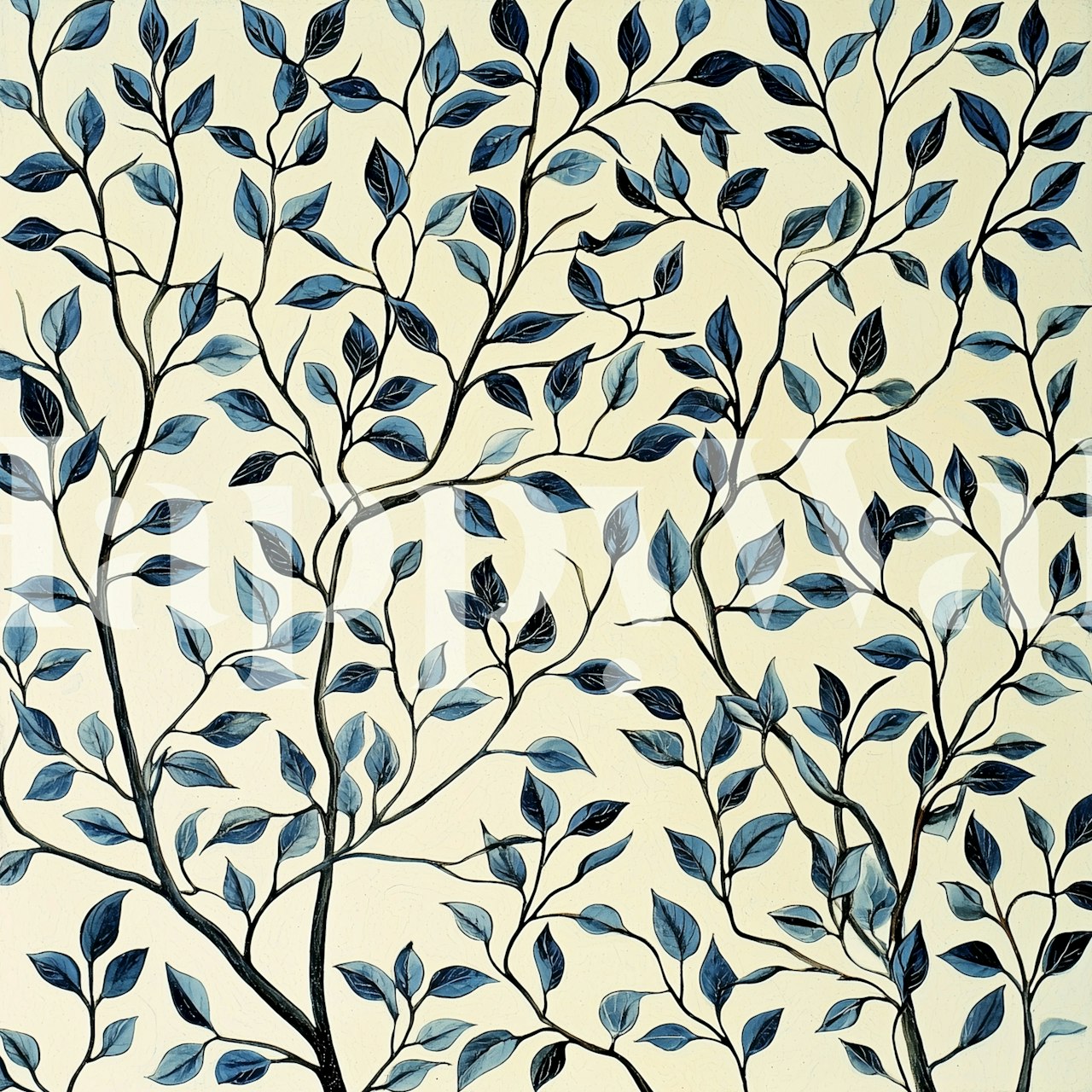 Blue leafy branches on cream background wallpaper
