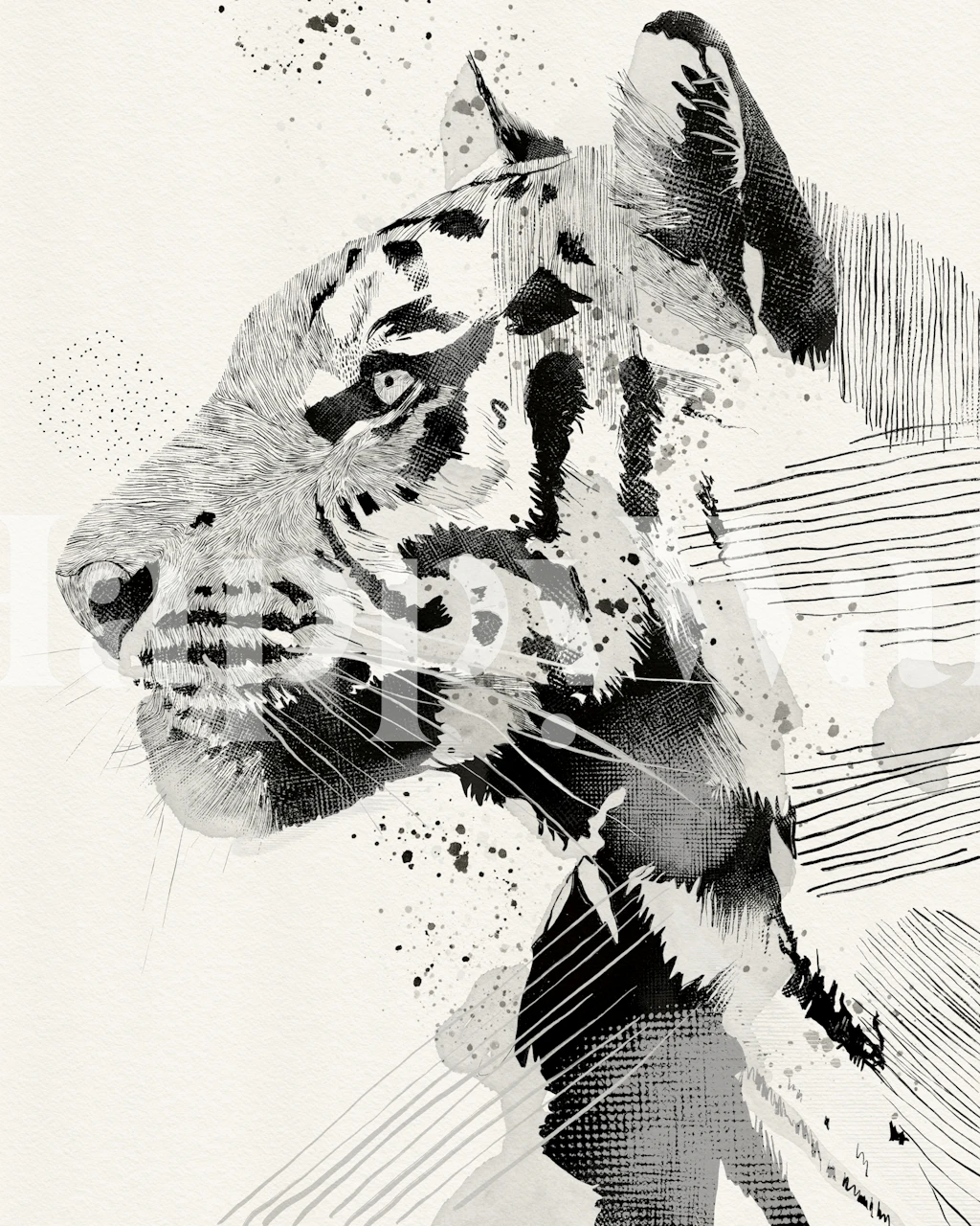 Monochrome tiger illustration in black and white wallpaper