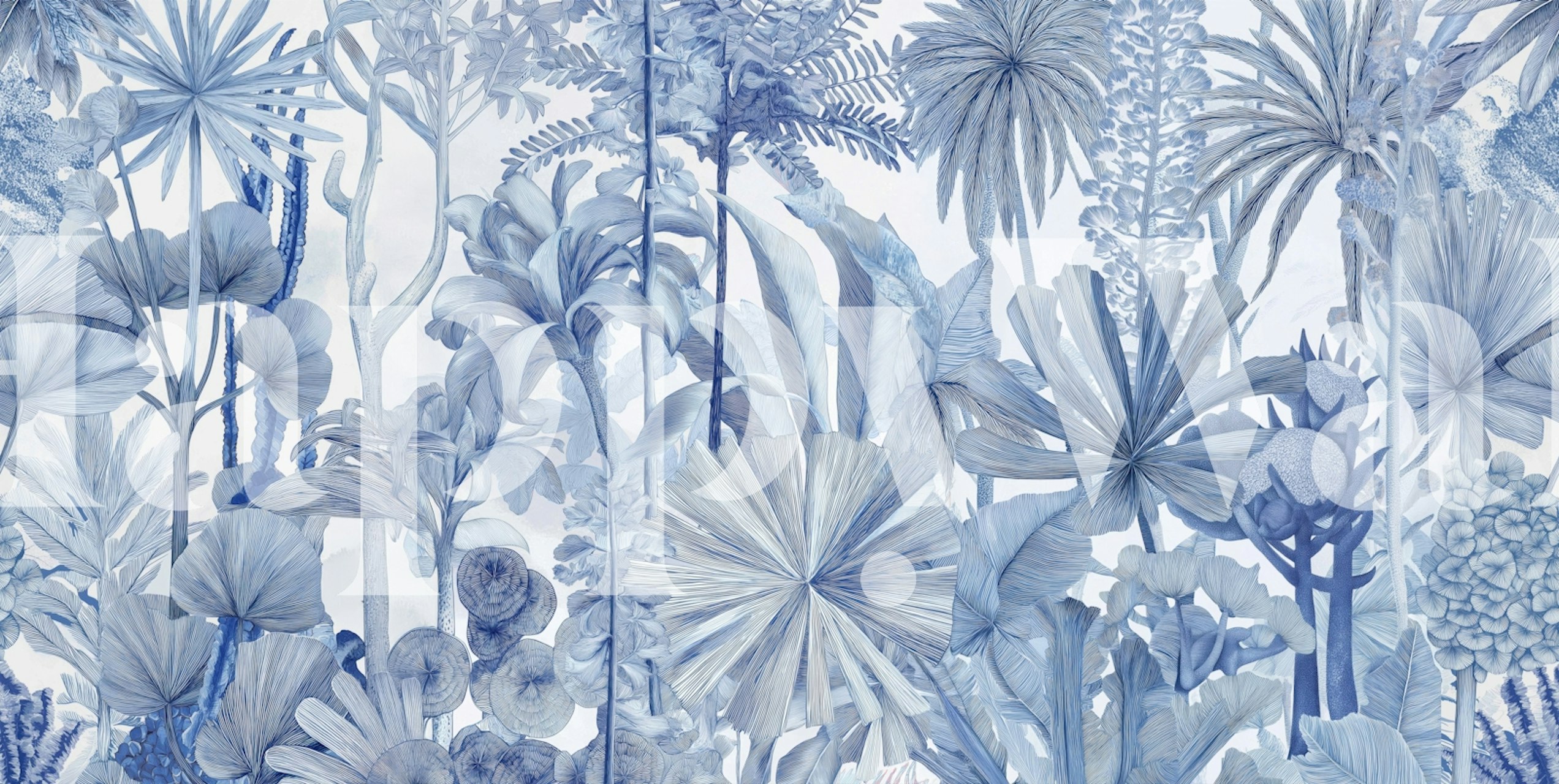 Sininen vintage-putkobotaaninen viidakko seinämaalaus huoneessa