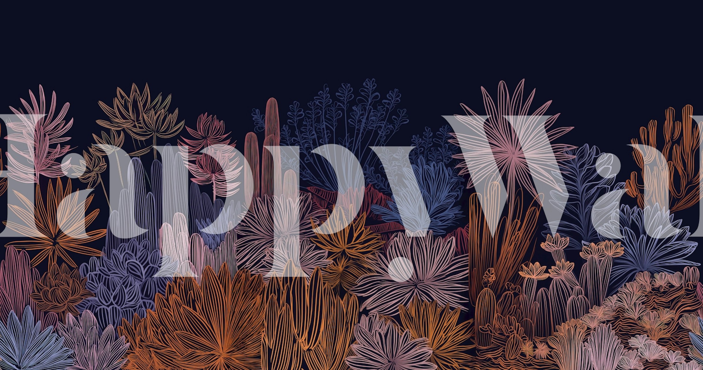 Colorful cacti and foliage in neon hues on a dark background wallpaper