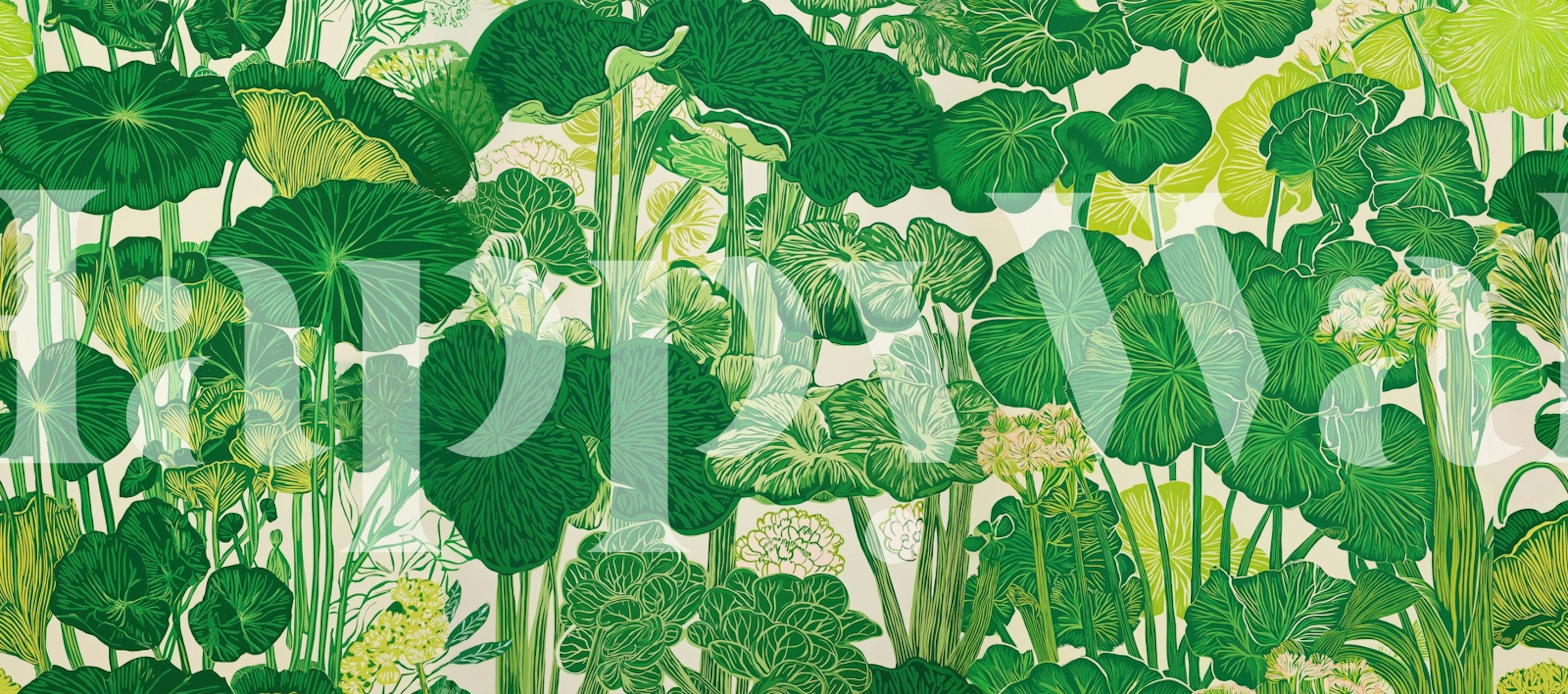 Green Vintage Linocut Lotus Jungle Mural in einem Raum