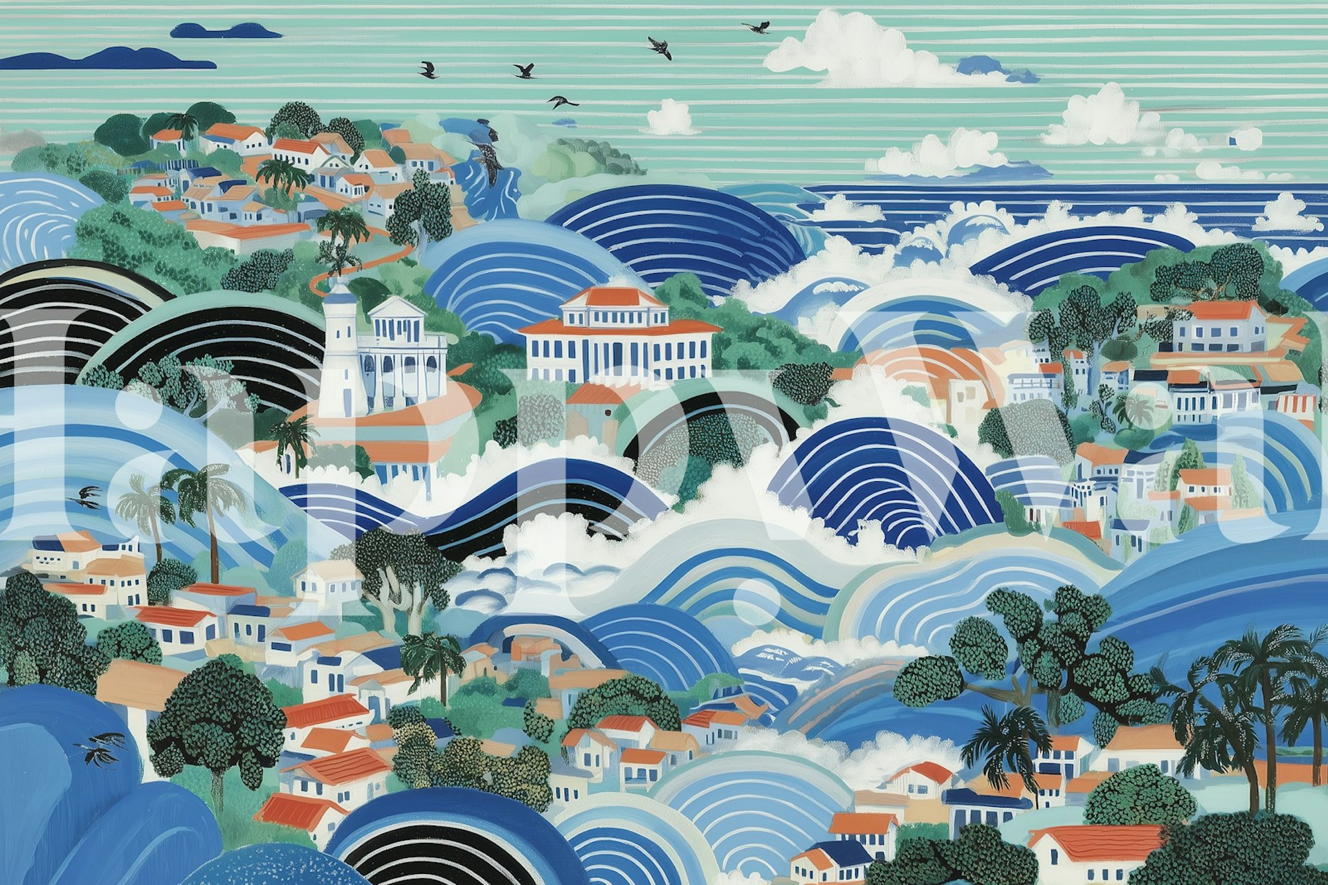 Vibrant Coastal Village tapetti huoneessa