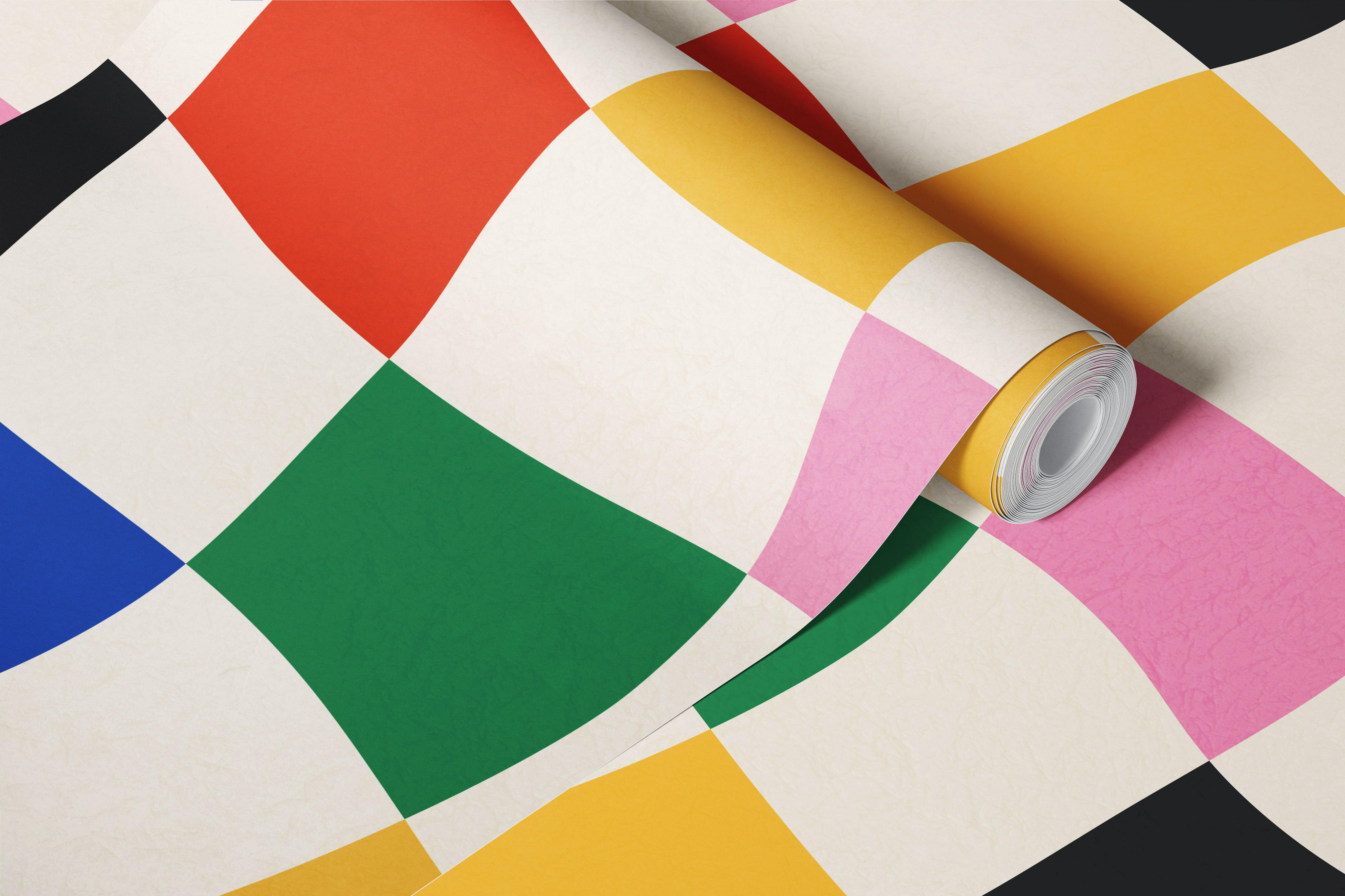 Colorful checkered wave pattern in pink, yellow, green, blue, and black wallpaper